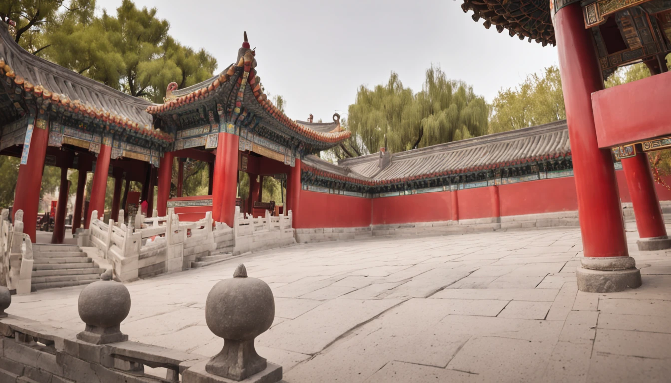magnificent masterpiece of Beijing Temple with streets and park with striking bokeh depth of field. plan complet large