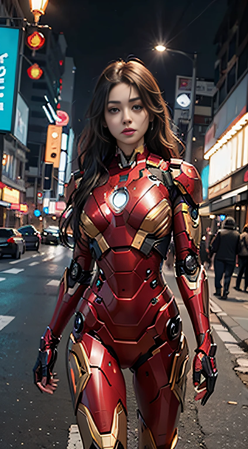 8K, Realistic, Attractive, Highly detailed, A 20 year old girl, a sexy and attractive woman,inspired by Iron Man,Wearing a shiny Iron Man mech. She dresses sexy and confident, A perfect interpretation of the power and charm of Iron Man. In a cyberpunk-style night view of the city, Sexy and charming woman with the theme of Iron Man's cosplay. Wearing a shiny Iron Man mech, She stood on a street lined with tall buildings. The night lights of the city are bright, Reflect on her mech, Add a sense of futuristic technology. The surrounding buildings and streets are full of cyberpunk elements, Like neon lights, High-tech equipment and futuristic architectural design. The whole scene is full of futuristic and sci-fi atmosphere. This HD, High-quality graphics will give you amazing visual enjoyment, The perfect combination of sexiness, Futuristic and sci-fi elements. oc rendered, Dramatic lighting, Award-winning quality