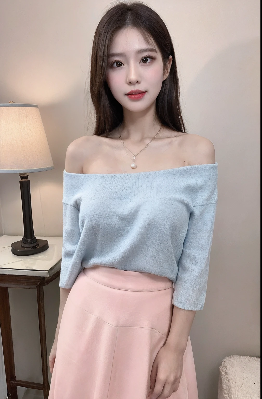 Beautiful and charming woman on fashion trends,Gentle and lovely, a beautiful woman in China,delicate sexy collarbone,Charming goose egg face,二重まぶた,Bright peach blossom eyes,Pink lips,Small upturned nose,Bare shoulders,Focus on the face,closeup of face,hyper HD,super detailing,Full body photo,Ultra-thin light transmission,The white off-the-shoulder shirt echoes perfectly with the light blue split skirt,Fresh and good,See-through,huge tit,cleavage