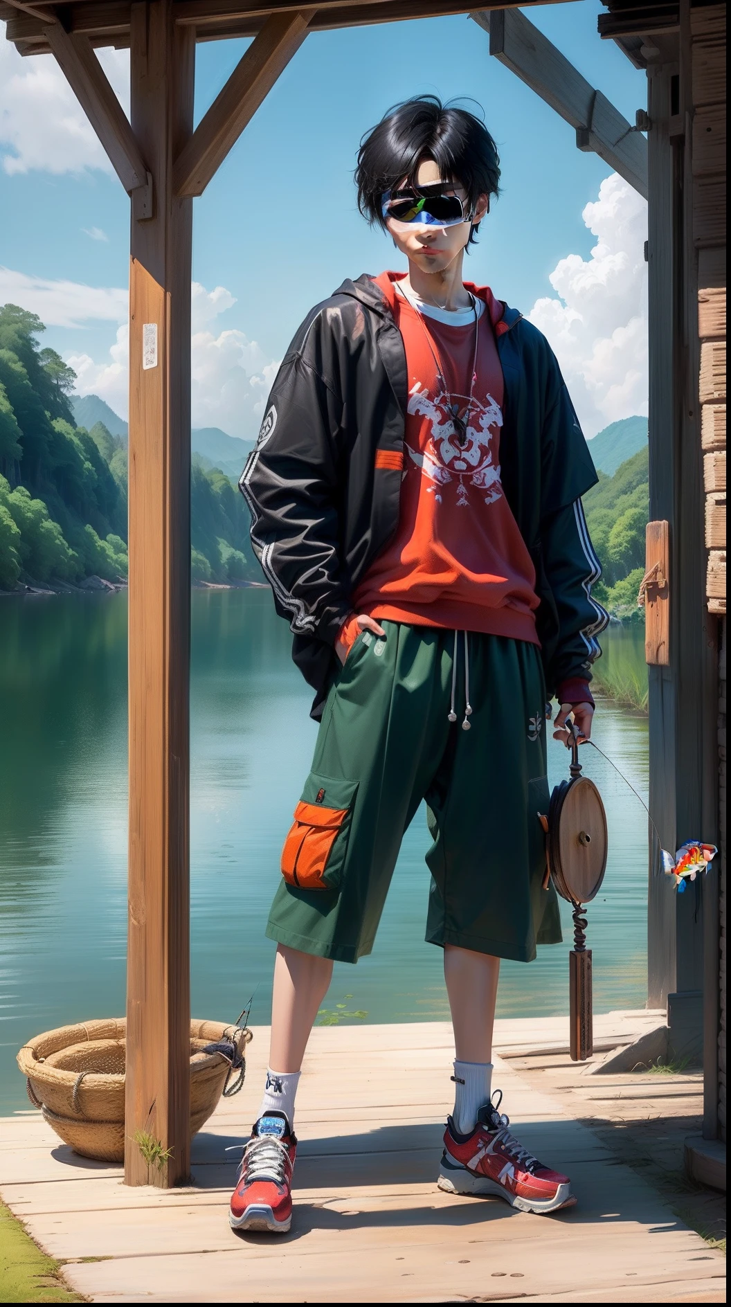 The animated version of Hu Ge holds the pole of the Luya drop wheel to fish for mandarin fish