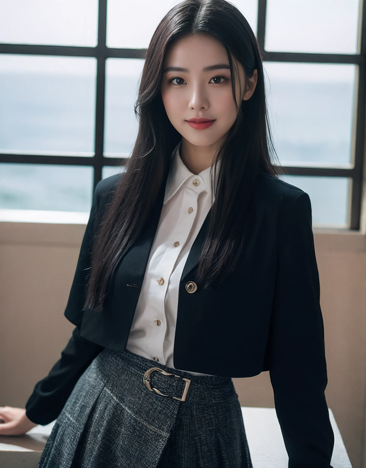 (RAW photogr:1.2),The highest quality, 超高分辨率, Slim waist, Lovely smile, Highly detailed faces, Detailed lips, finely quality eyes, 二重まぶた, Long black hair, Black-haired god, Top-notch terrace,  next to the reflecting ocean, Cinematic shots,expansive cinematic view, Bright and cheerful atmosphere, Lovely eyes, (dress_shirt, croped_Jacket, Wrap_Skirt)