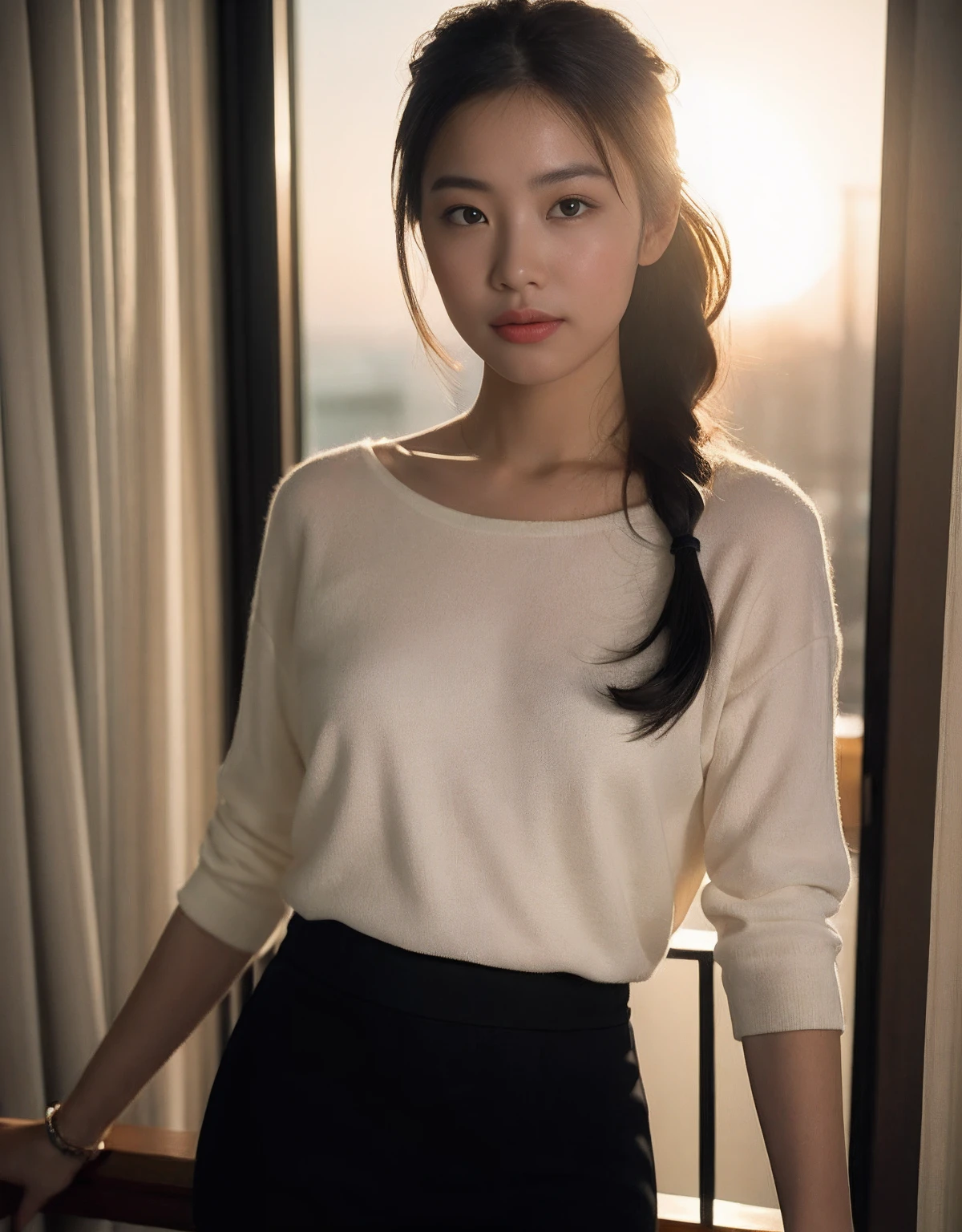 (RAW photogr:1.2),The highest quality, 超高分辨率, Vietnamese 35 year old woman on balcony:She has a mature and feminine temperament,Tied with a low ponytail,Wear a long skirt and a loose thin coat,Wear a pair of sandals on your feet。She was standing on the balcony,With a cup of coffee in his hand,Look squarely into the camera,Person screen,The sun shines on her,Reflects her beautiful silhouette。