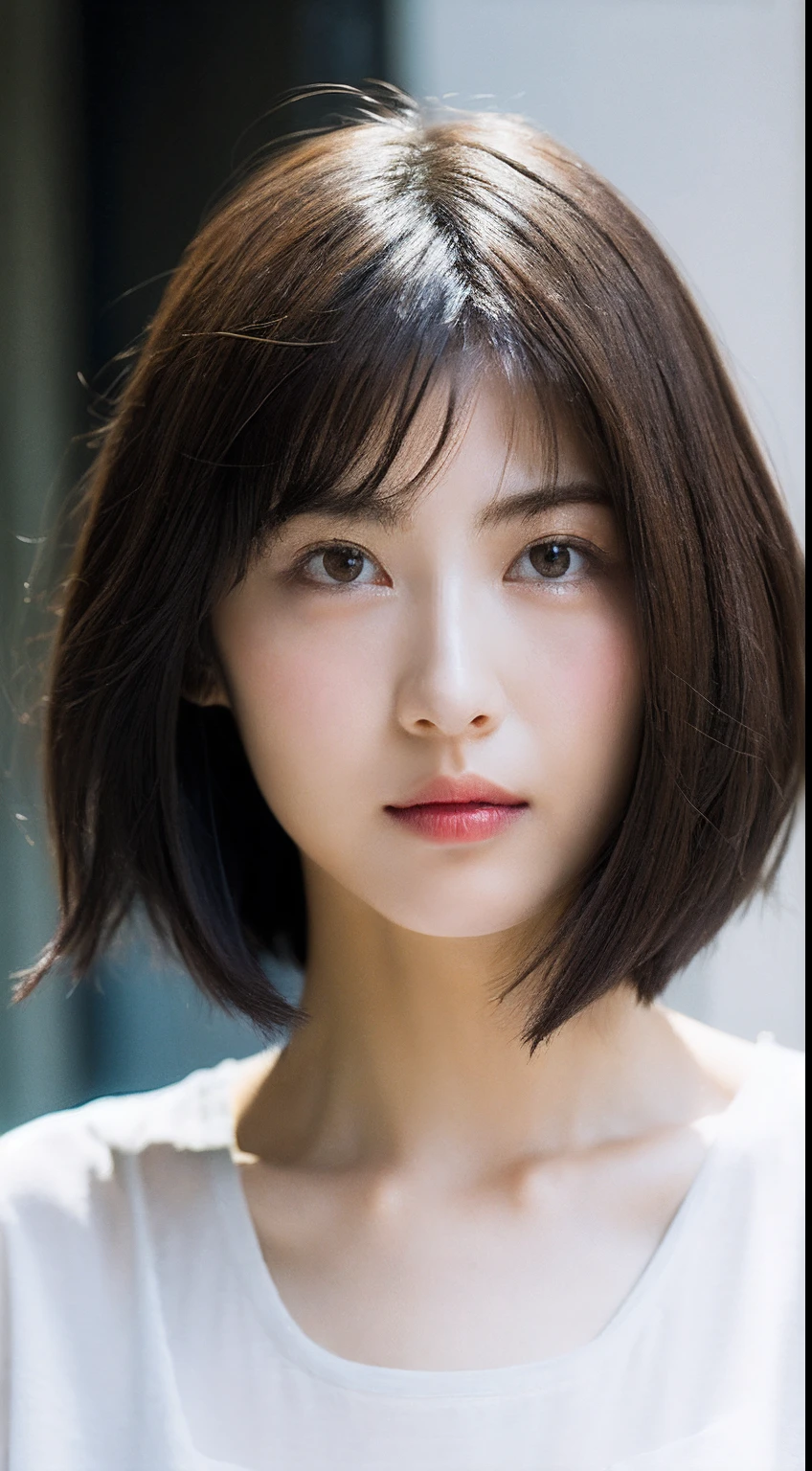 (Raw photography:1.2)、(Photorealsitic:1.4)、(masterpiece:1.3)、(top-quality:1.4)、超A high resolution、(A detailed eye)、(detailed facial features)、(detailed clothes features)、8K分辨率、solofocus、bangss、(short cut hair:1.3)、skin tightening、(shinny skin)、(Slender girl)、(up chest)、(a japanese girl)、1 girl in、Slim Beauty:1.3、brown haired、Delicate hair、(huge tit:1.3)、new york streets、Pure street fashion、hotpants、Looking at the camera