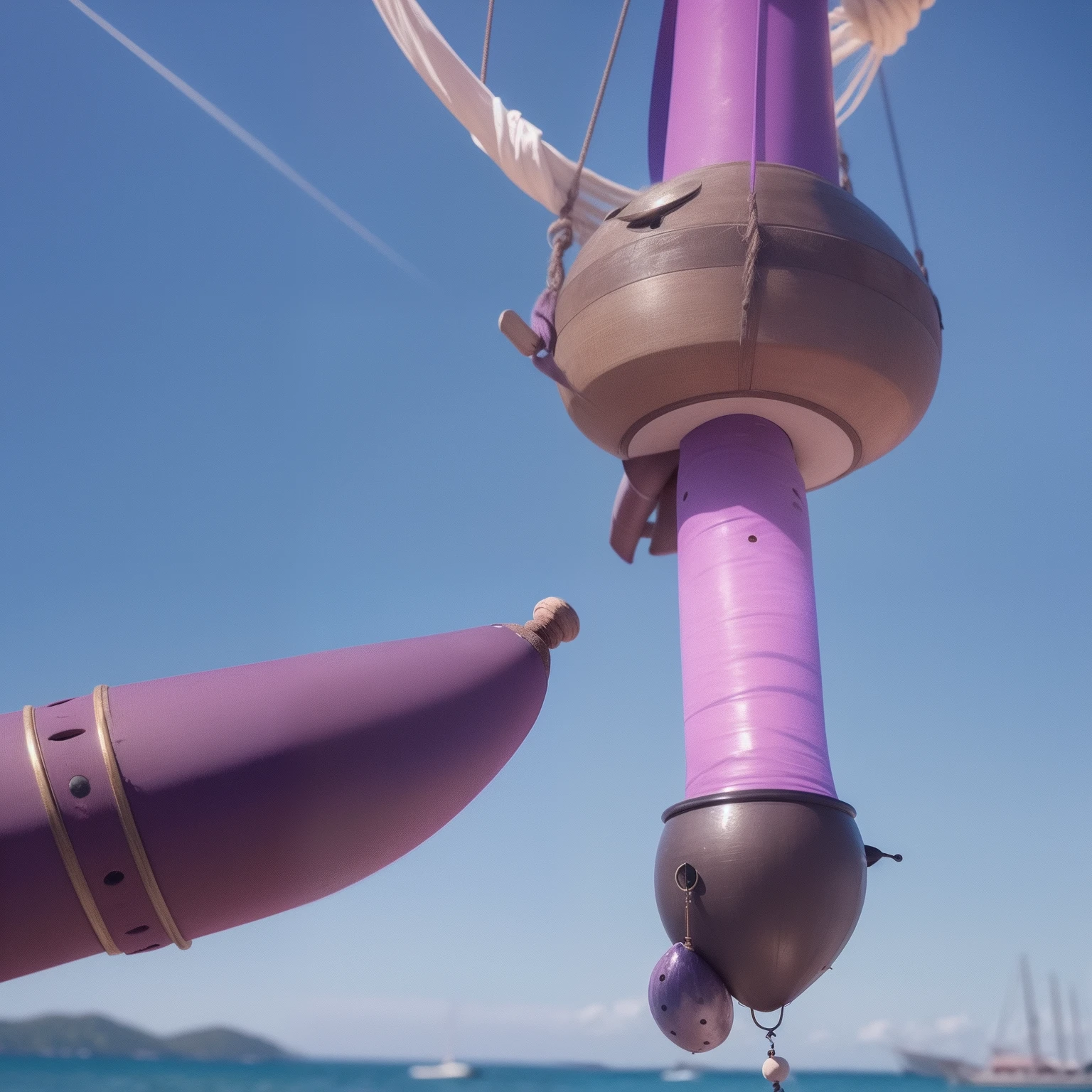 Flying penis, long shaft with portholes, purple head, long hanging balls in a sack with hair, pubic hair