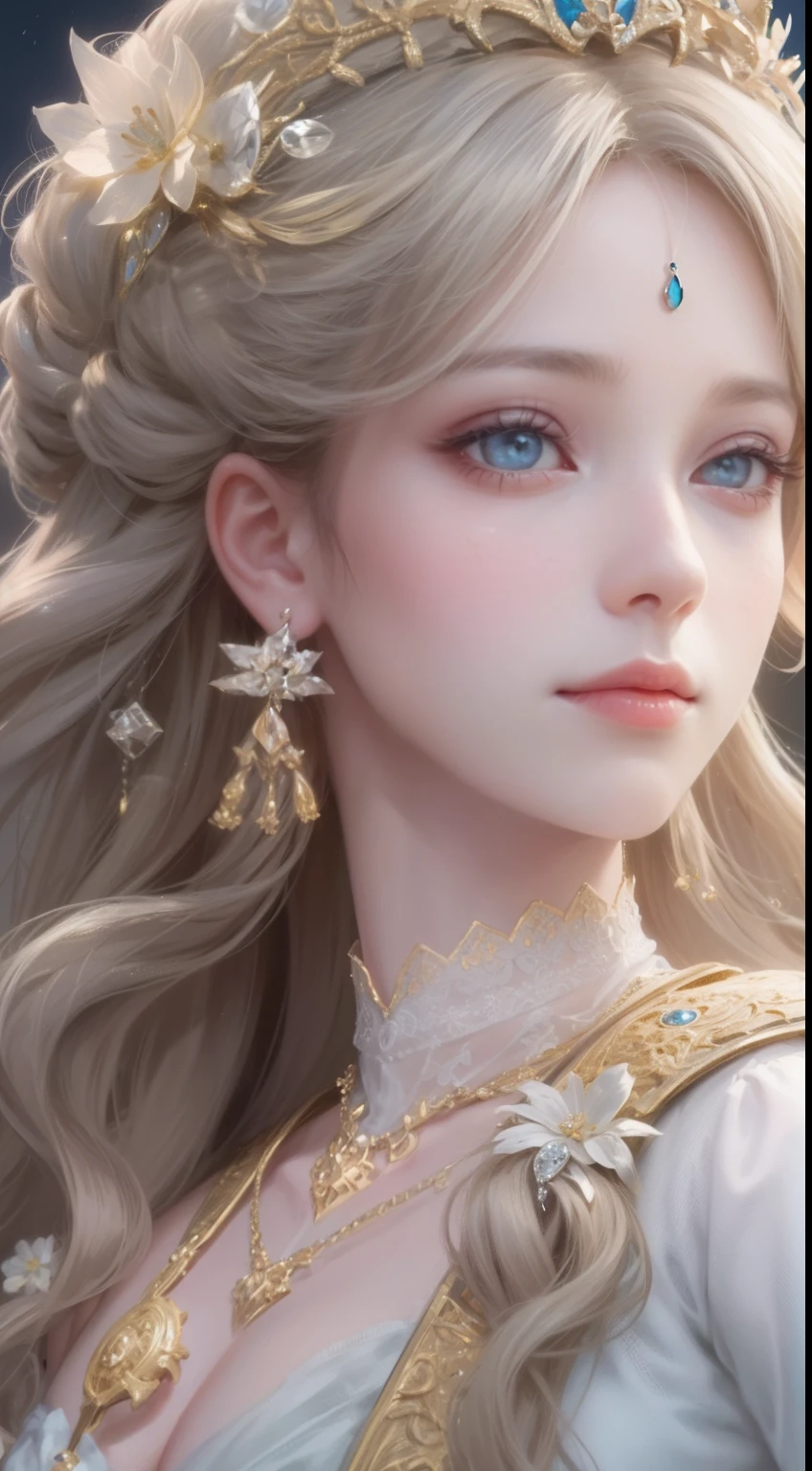 tmasterpiece,Highest high resolution,Bust of a beautiful noble maiden,Delicate braided hair,Coiled hair,Shining clear eyes,The hair is covered with beautiful and delicate floral craftsmanship, crystal、Diamond jewelry filigree,Ultra-detailed details,upscaled,softlighting。