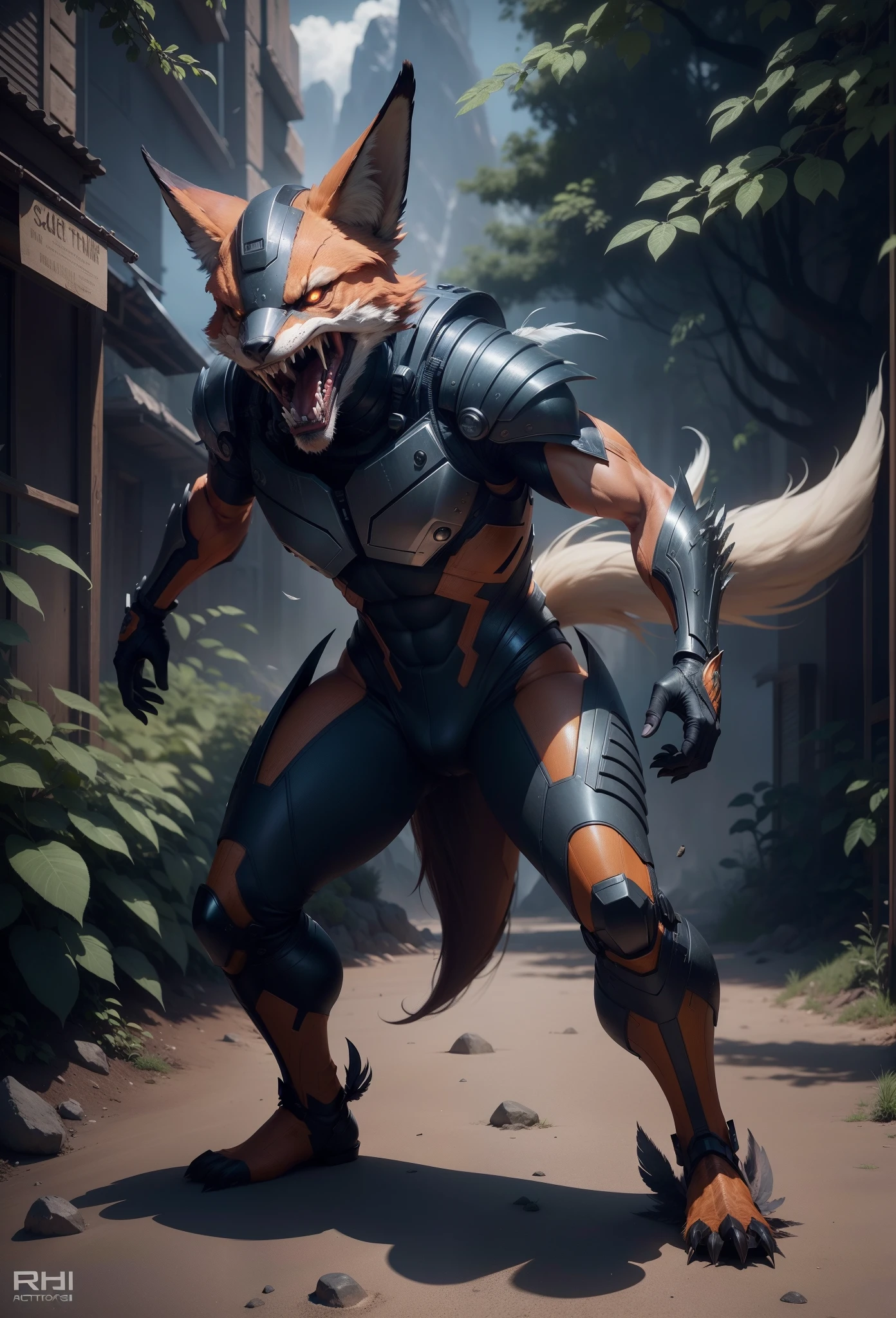 Sci fi humanoid creature with the feathers of a fox and mutant traits similar to rocket teeth, expressive, serious angry face, expressive wearing sci fi armor real photography, natural light, photorealism, cinematic rendering, ray tracing, the highest quality, the highest detail, Cinematic, Third-Person View, Long Exposure, 8K, Ultra-HD, Natural Lighting, Moody Lighting, Cinematic Lighting