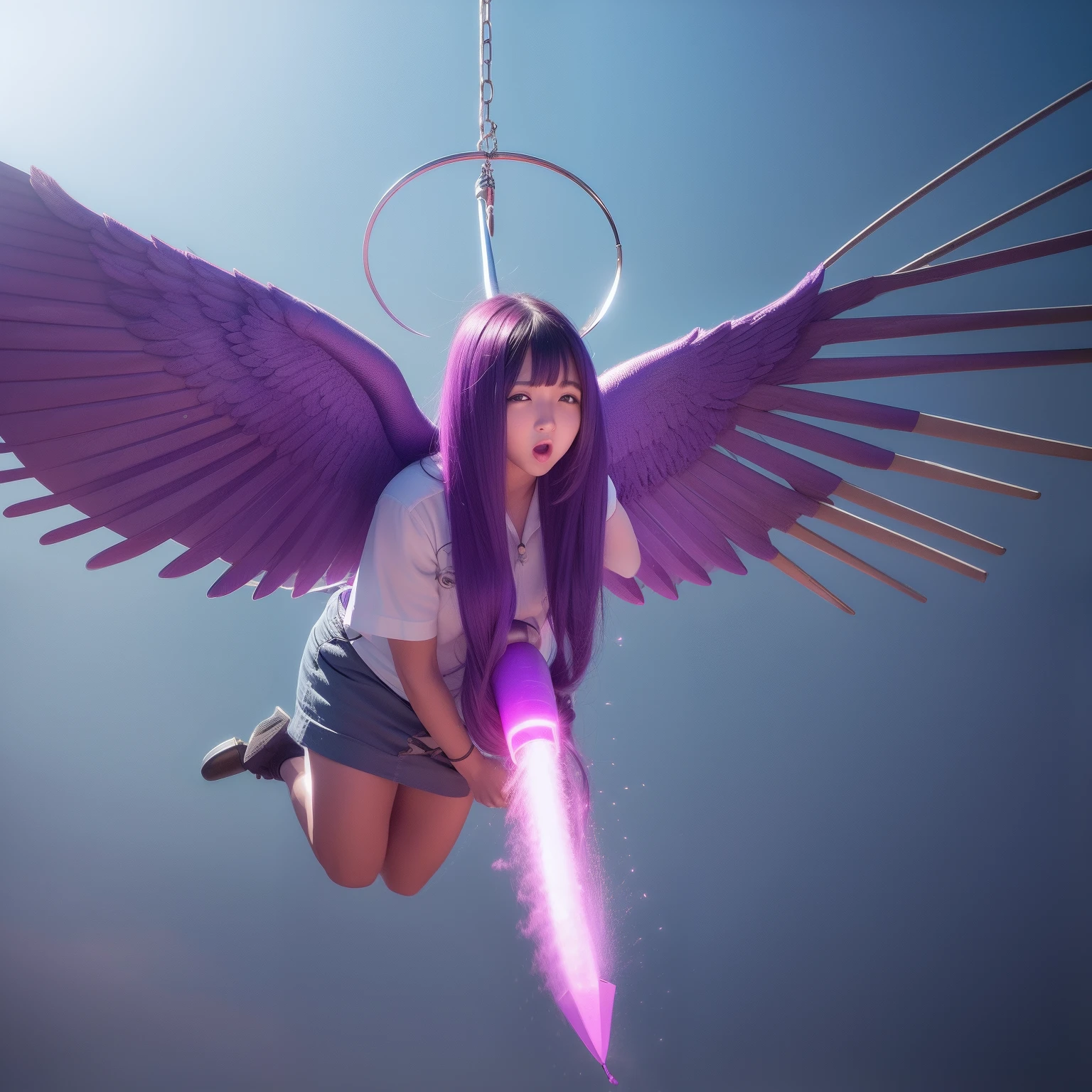 Flying penis, wings, jet motors, long shaft with portholes, purple head, long hanging balls in a sack with hair, pubic hair