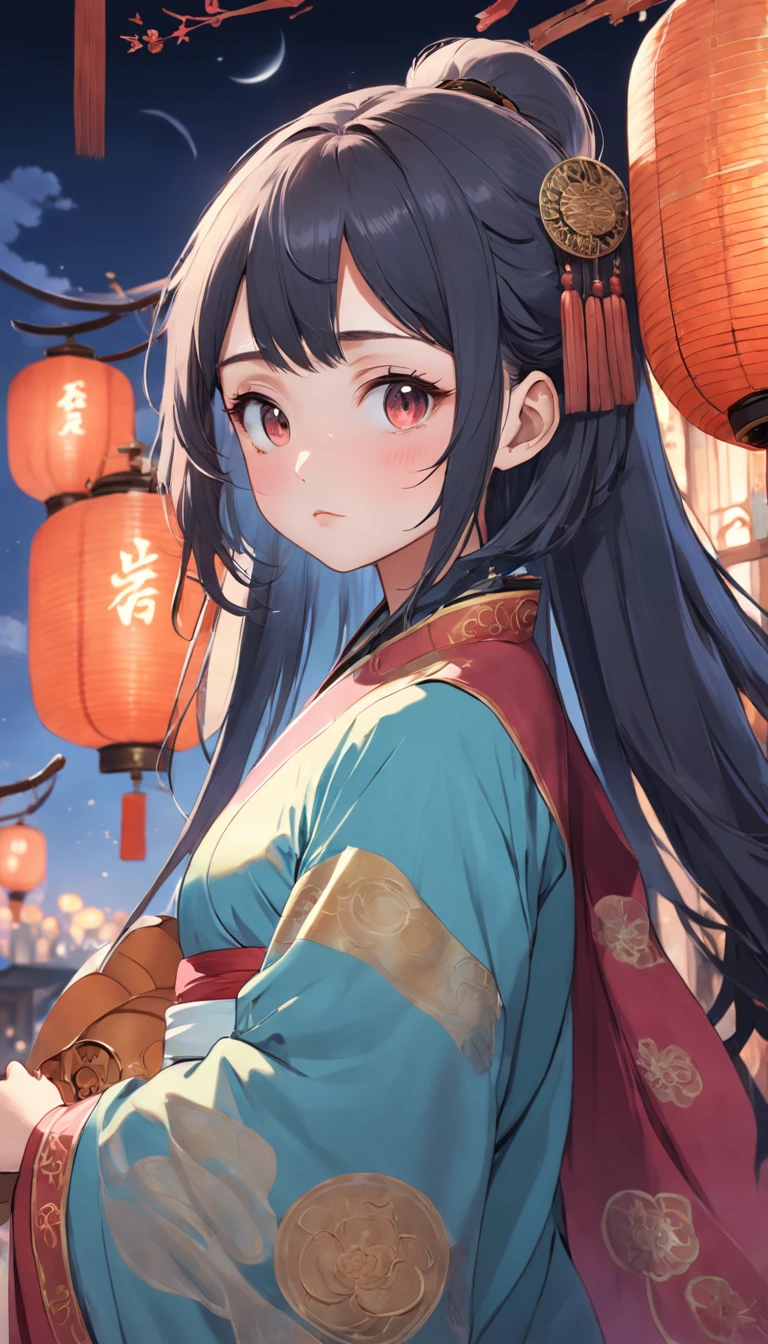 full bodyesbian, Very young girl,Still holding the pipa half-covered,Oriental face,featuring highly detailed facial features and cartoon-style visuals。