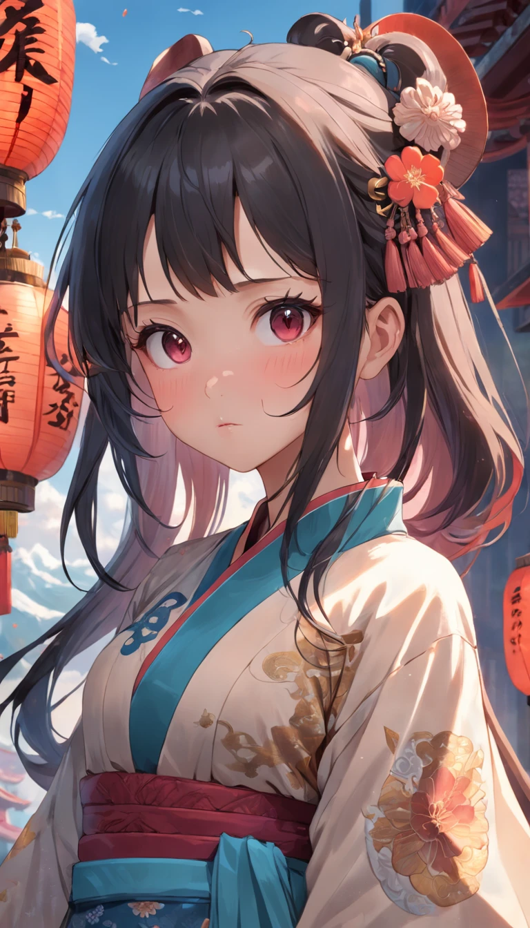 full bodyesbian, Very young girl,Still holding the pipa half-covered,Oriental face,featuring highly detailed facial features and cartoon-style visuals。