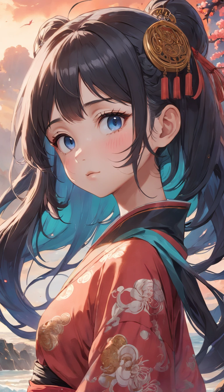 full bodyesbian, Very young girl,Still holding the pipa half-covered,Oriental face,featuring highly detailed facial features and cartoon-style visuals。