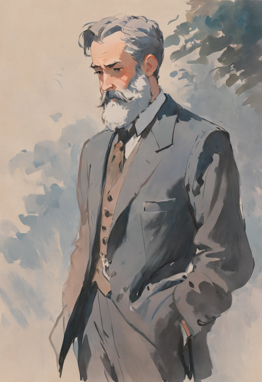 author:Claude Monet, author:Claude Monet, Claude Monet), Monet paintings, Monet style, author:Monet, Impressionist art, Monet style, Monet painted, author:Blanche Hoscheid Monet, Impressionist style, Charles S...., impressionist drawing, French Impressionism, Claude Monet style, impressionist drawing, Impressionistic style, impressionist drawing,Allad man in suit stands with his arms crossed, grey suit, distant full body view, 3 / 4 Look from behind, standing elegant pose, high quality suit, doing an elegant pose over you, centered full body rear-shot, subject detail: wear suit, full height view, Business suit, Man standing, highly professionally detailed