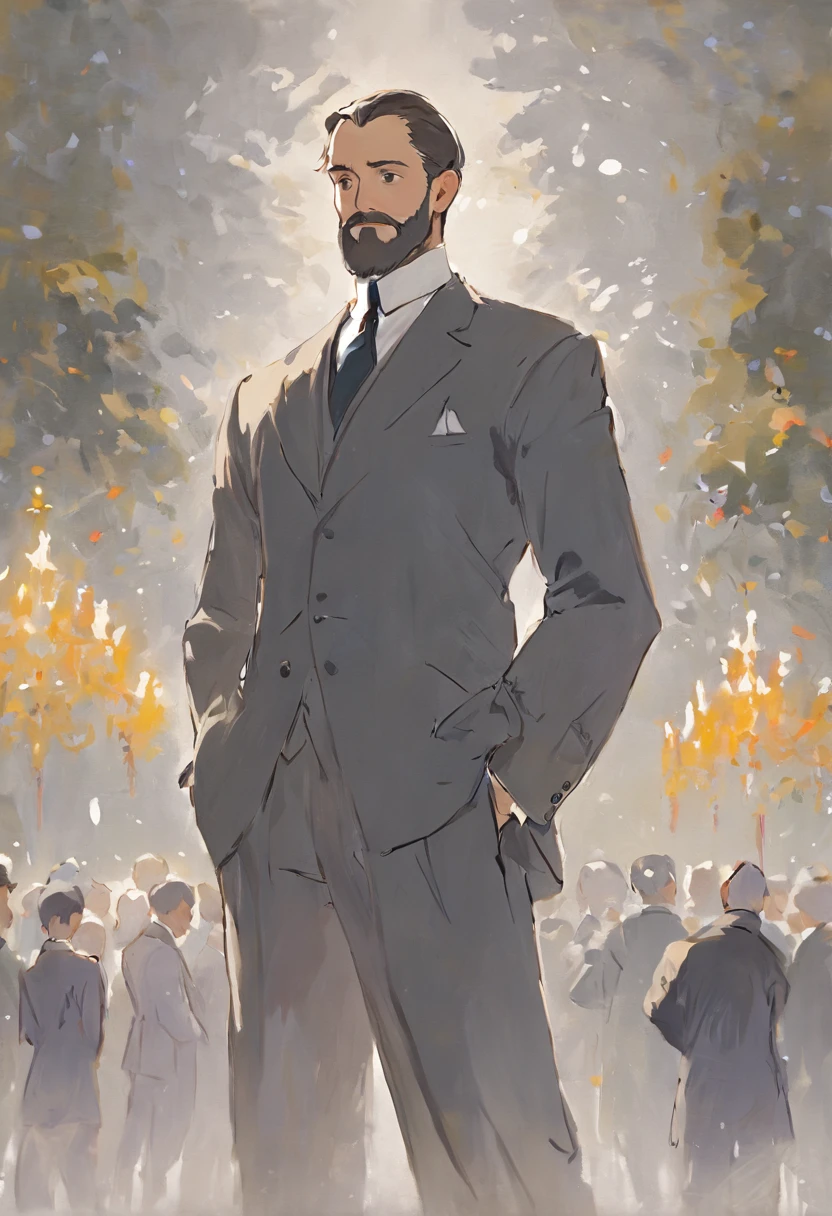 author：Claude Monet, author：Claude Monet, Claude Monet), Monet paintings, Monet style, author：Monet, Impressionist art, Monet style, Painted by Monet, author：Blanche Hoscheid Monet, Impressionist style, Charles S..., impressionist drawing, French Impressionism, Claude Monet style, impressionist drawing, Impressionistic style, impressionist drawing，Allad man in suit stands with his arms crossed, grey suit, distant full body view,Back shadow， 3 / 4 Look from behind, standing elegant pose, high quality suit, doing an elegant pose over you, centered full body rear-shot, subject detail: wear suit, full height view, Business suit, Man standing, highly professionally detailed