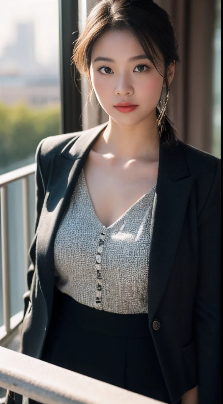 (RAW photogr:1.2),The highest quality, 超高分辨率, Vietnamese 35-year-old woman on balcony：She has a mature and feminine temperament，With a low ponytail，Wear a long skirt and a loose thin coat，Wear a pair of sandals on your feet。She was standing on the balcony，staring right into camera，People screen，The sun shines on her，Reflects her beautiful silhouette。