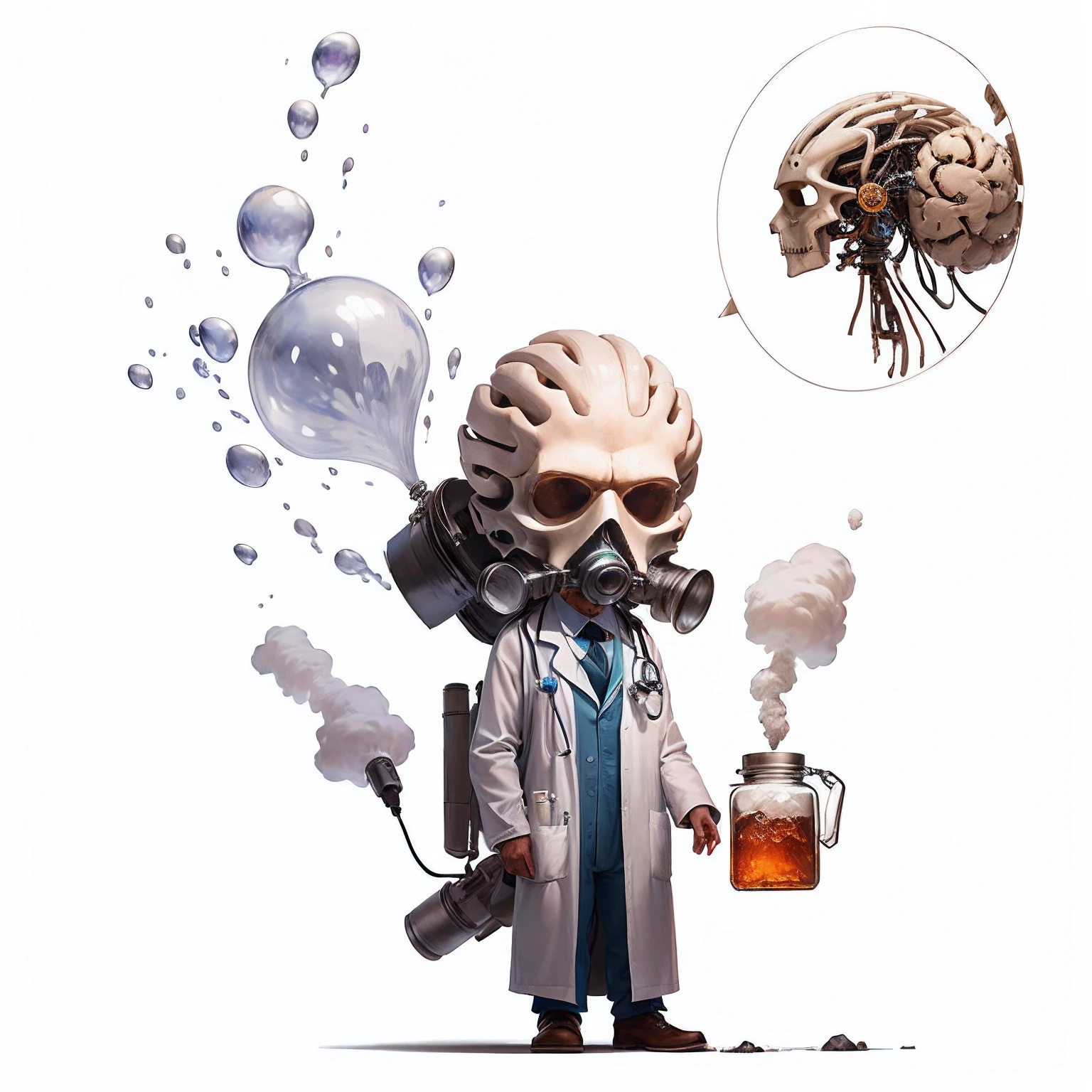 A cartoon image of a doctor in a white coat,whaite hair,white mustache,On top of the head is a transparent glass cover that stores the brain,Measuring cup in hand,Behind his back was a huge poison jar,An image of a malicious scientist,Study poison gas,airbubble,Buble,gas,k hd,highest quality,8K,the detail,delicated,filigree,tmasterpiece
