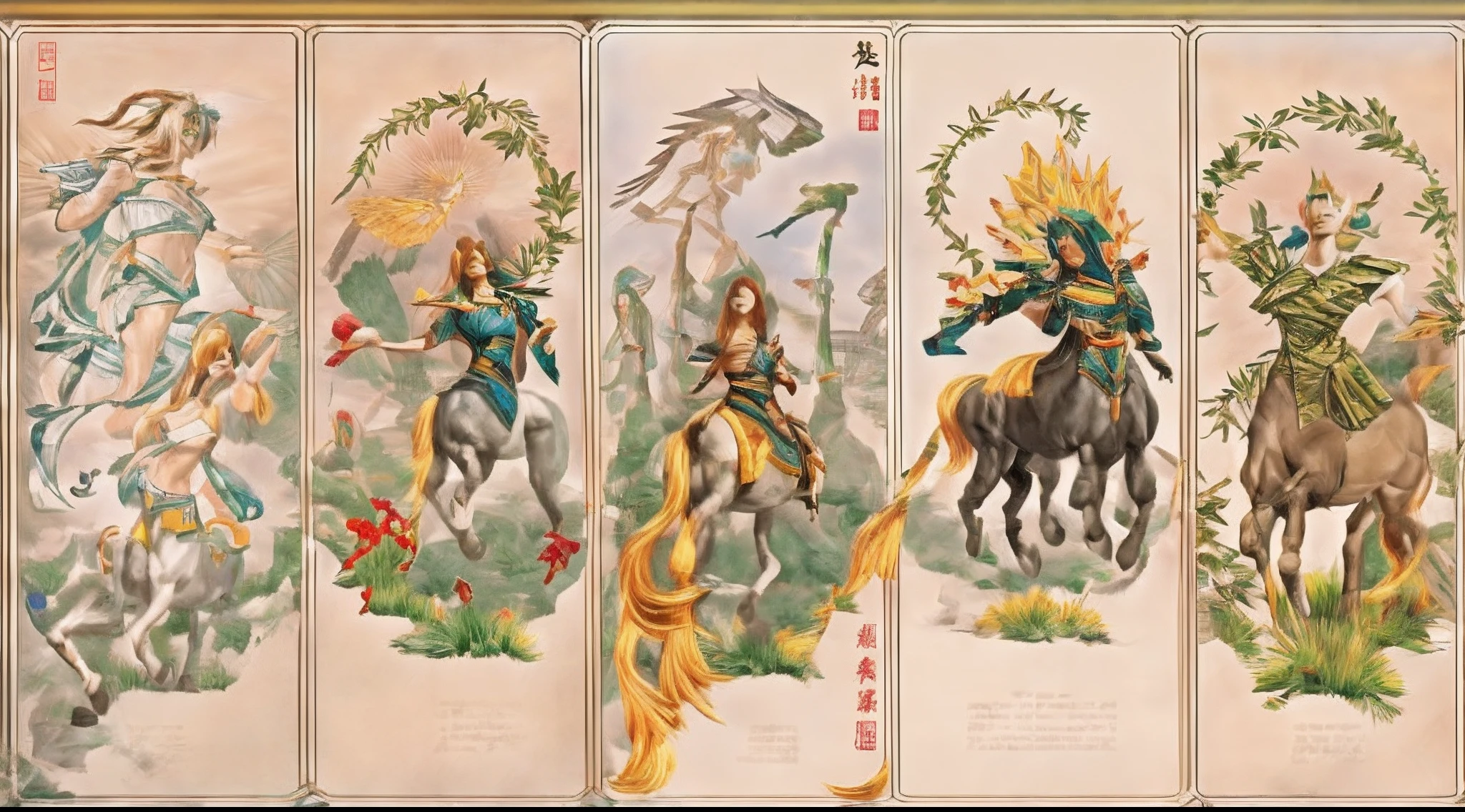 In the beautiful illustration of this super-grand scene，The ultra-long-range lens is shown（Eight unique centaur characters：9.9），They all have their own characteristics，Vivid and interesting。Radiant angelic centaurs from the heavenly realm，To the hellish centaurs surrounded by nightmarish flames，And then to the Wind Immortal Centaur dancing in the air，There are also one-horned centaurs surrounded by thunder and lightning，and mechanical centaurs that shine with metallic light，And then to the powerful dragon centaur with colored dragon scales covering the whole body，The elegant and agile elf centaur always wears a flower crown with its slender and graceful lines，Enchanting and charming Tiflin centaurs。Each character has their own unique charms and abilities。The illustration uses advanced artistic techniques and tools，（Divide the scene into sections by geometric arrangement：9.9），Each section corresponds to a centaur character，This makes more efficient use of space。Through Midjourney's advanced brush tools、Color palette、Material packs and model packs，Exquisite costumes and equipment are designed for each centaur，Enhances the character's personality and visual appeal。The scenery in the illustrations is stunning，There are changing skies、rainbowing、extreme light、Stars and Moon。Incorporating iconic landmarks such as Mount Everest，and fireworks、tranquil lake、Natural and urban elements of waves and neon lights，Creates a magical atmosphere。The centaurs showed off their skills and equipment in a variety of environments，This is true even in extreme alien landscapes。（Use Midjourney's tools、Material packs、Texture tools、The color palette makes depicting details vivid and realistic：9.9），From intricate hairstyles and clothing to authentic textures，Enhances the realism of the characters and surroundings。The fusion of multiple art styles adds movement to the centaur's movement at all angles，The overall visual experience is further enriched。The final illustration was described as a "mast