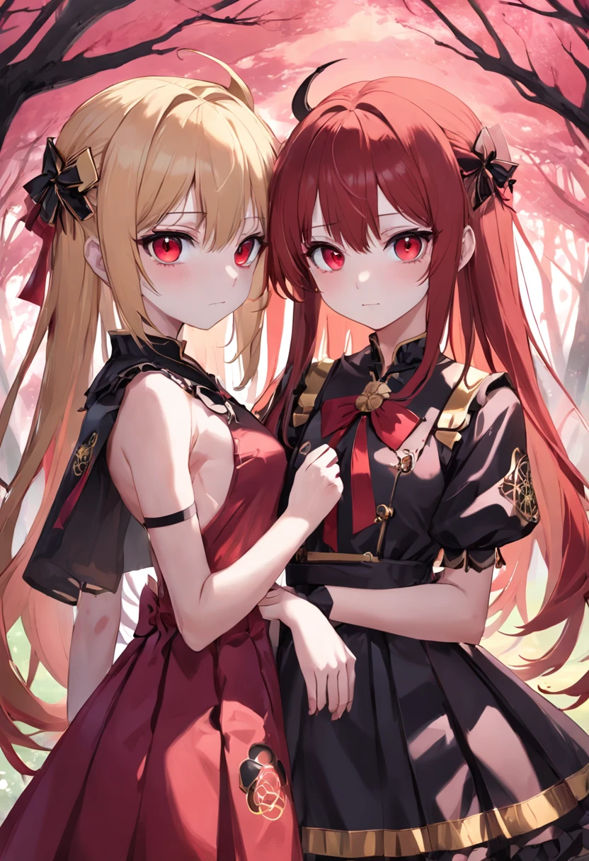 high high quality,high detal,Tokisaki Crazy Three,Gothic dress,Heterochromic pupils(Left red right gold),dual horsetail,The right eye is occluded,the sunset,under a sakura tree