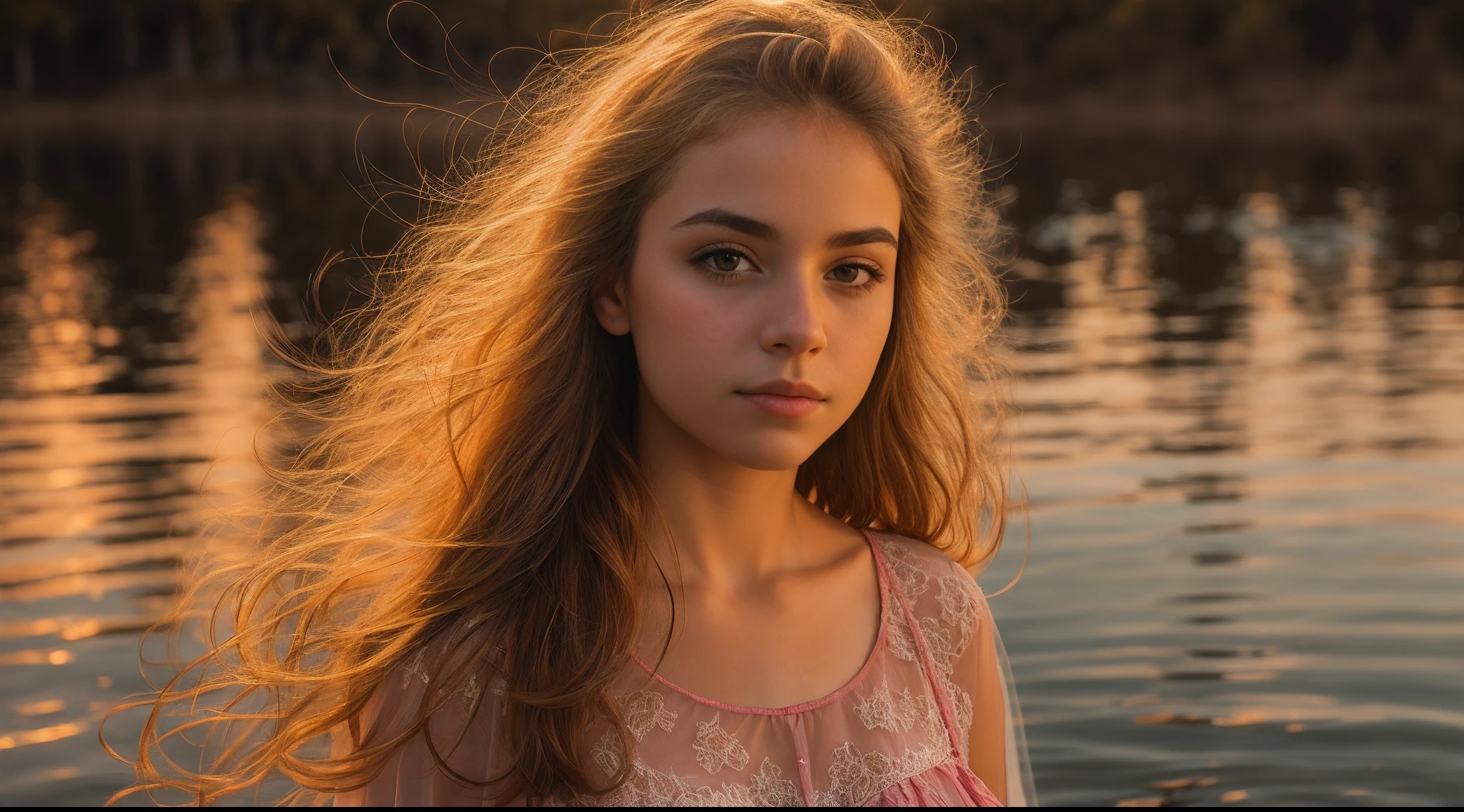 Retrato de uma ruiva de , Vestido em 'a nightie de renda transparente , imerso em um lago, sedution, sunset light, cinematic rendering, 32k