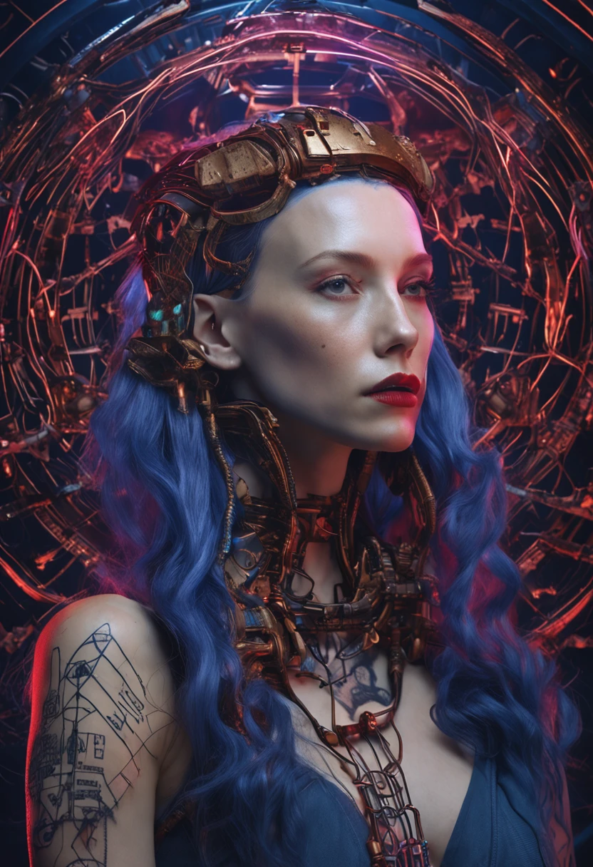 Motion picture still film,Golden ratio portrait, photography of:Bouguereau, A beautiful woman with long purple hair, As a model for cyberpunk, Biomechanical humanoid former mechanic under restoration, Covered with Viking style tattoos, Intensely moisturizes red lips, With blue red Yairo LED light, On the fashion runway, ultra - realistic and detailed, 8 k'', parfect anatomy, anatomically, Porcelain robot parts, Blurred skin, open wounds, In severe pain, A spaceship deck deep in space, Smoked air