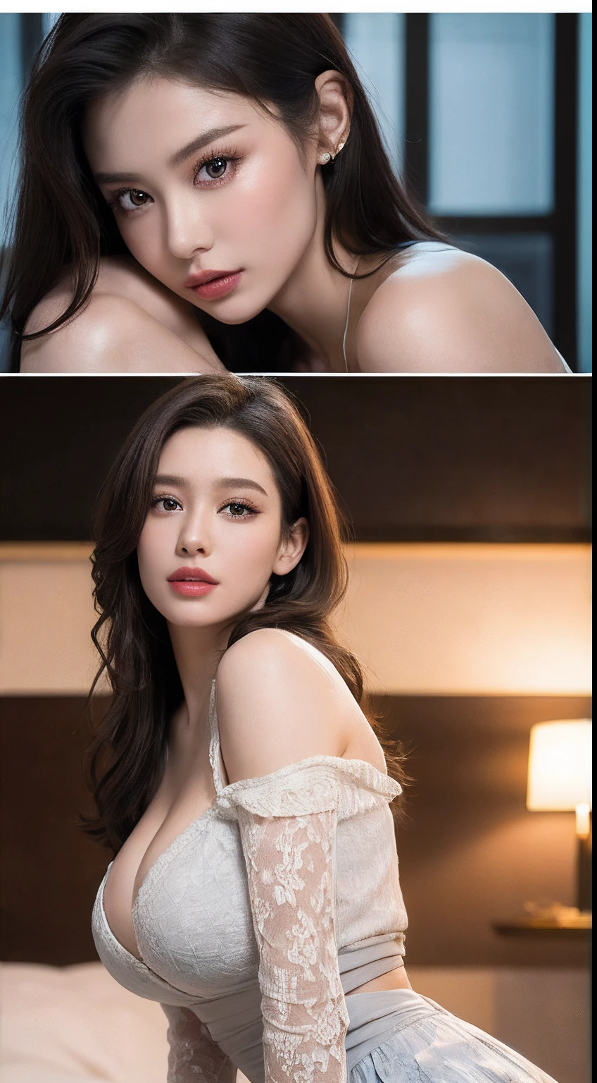 Surrealist women，photographrealistic，动态照明，art  stations，poster for，Volumetriclighting，Very detailed faces，4 k''，Award-Awarded，，1girll，in the early morning，rays of sunshine，low tune，long  skirt,Lace，big breasts thin waist，shift dresses,long whitr hair,brunette color hair,