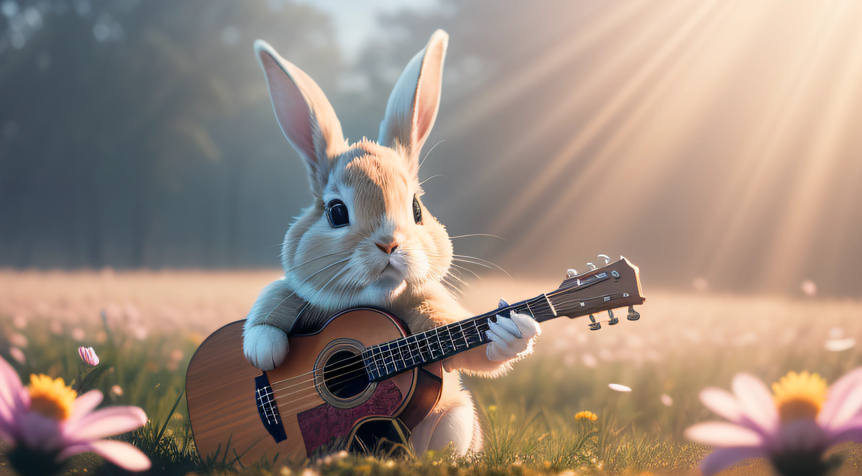 Close-up photo of rabbit playing an instrument,macro,clean backdrop,depth of fields,largeaperture,photography of,volume fog,Halo,blooms,Dramatic atmosphere,Sunny morning