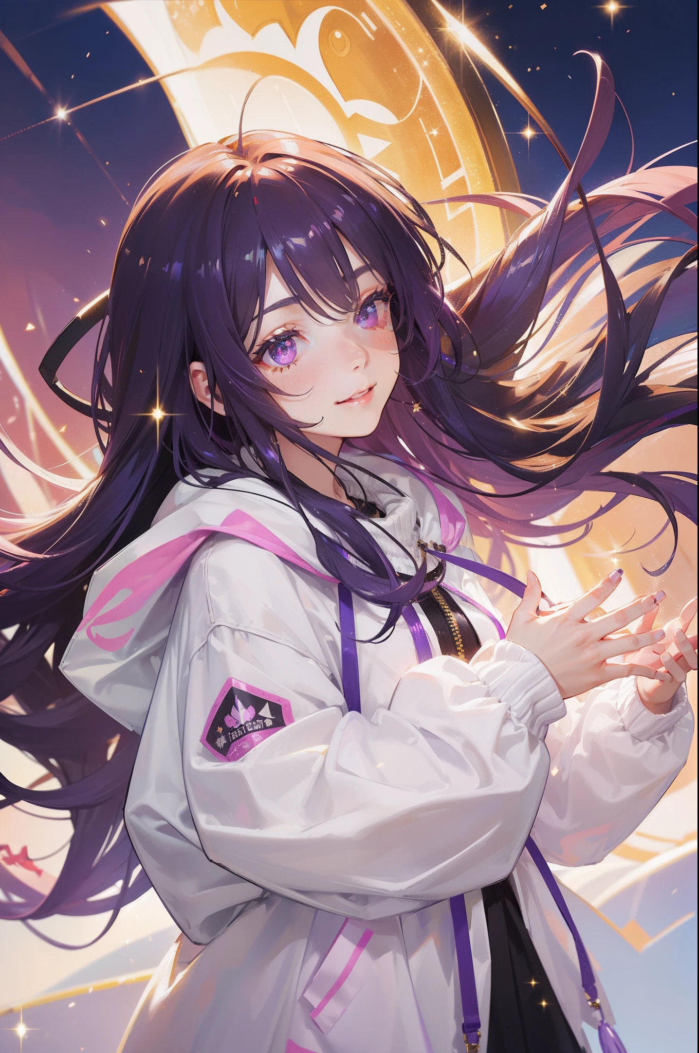 masterpiece, best quality, beautiful detailed hair detailed face, perfect feminine face, big almond-shape eyes, smile, happy, a beautiful and cute girl with sparkling and glowing purple hair, oversized hoodie jacket wearing, jackets, long sleeves, (close-up potrait:1.2), floating hair by wind, (sparkle particle), lens flare, sharp focus, volumetric lighting