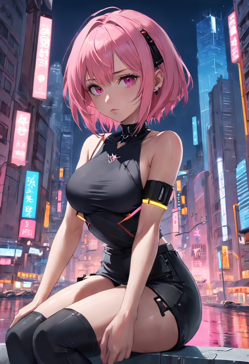 anime girl in a city at night, anime style 4 k, anime cyberpunk art, digital cyberpunk anime art, 4k anime wallpaper, modern cyberpunk anime, cyberpunk anime art, laying on a rooftop, cyberpunk anime girl, digital cyberpunk - anime art, ultra hd anime wallpaper, Beautiful, pink jacket, white mini skirt, white top, underboob, Hyperdetailed, Intricate, Elaborate, Meticulous, Photorealistic, Sharp Focus, Wlop, Character Design, Unreal Engine, 3d Rendered, Volumetric Lighting, Reflections, Glossy, Digital Illustration, Sensual Pose, Suggestive Pose, Lewd, Full Body Shot, anatomically correct 💖❤💕💋❣