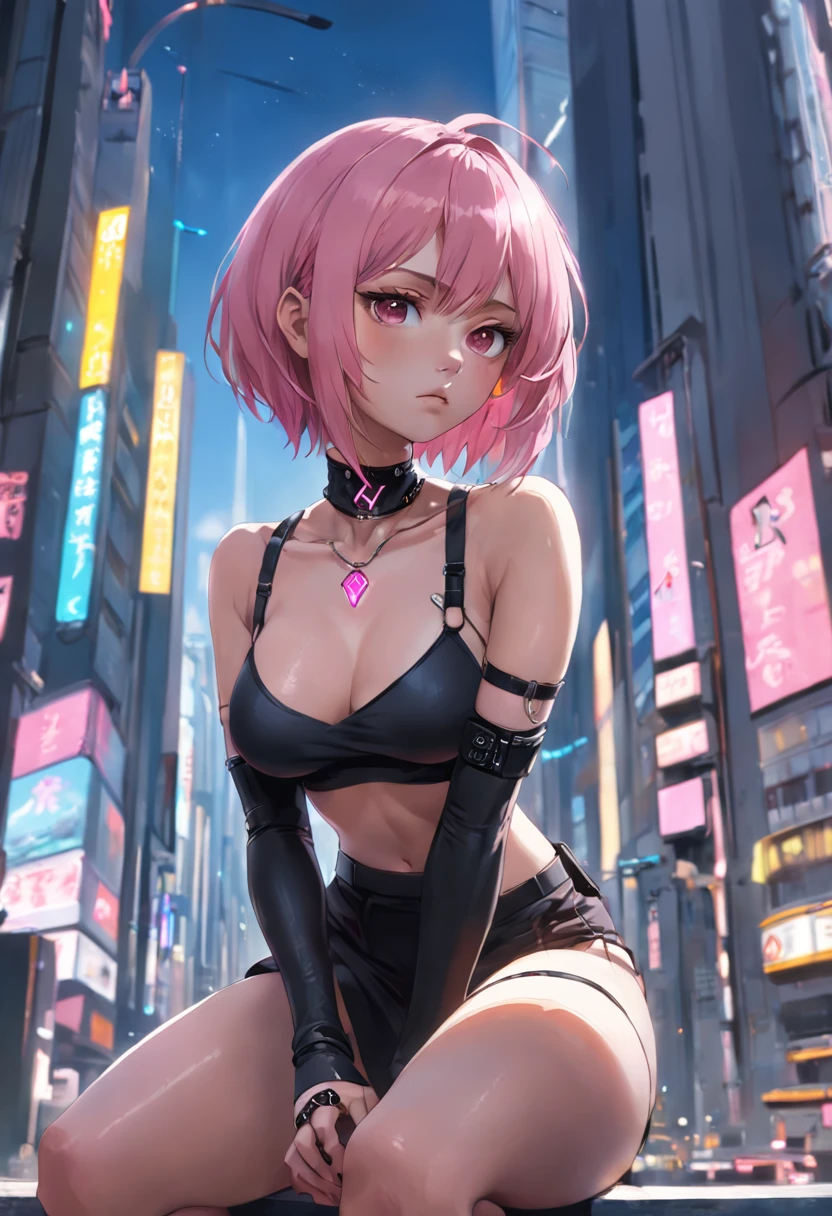 A woman with pink hair and a black shirt sits on a city street,Traffic light in background, Art germ, Anime art, Cyberpunk art of a, Photorealism, 1girll, bangs, Bare_bshoulders, black_choker necklace, Breasts, bridge, brown_Eyes, Building, choker necklace, City, Cityscape, crop_Top, jewelry, Looking_at_peeping at the viewer, Makeup, midriff, navel, necklace, Pink_Hair, short_Hair, side-tie_Panties, Sitting, Skirt, skyscraper, Solo, tanks_Top