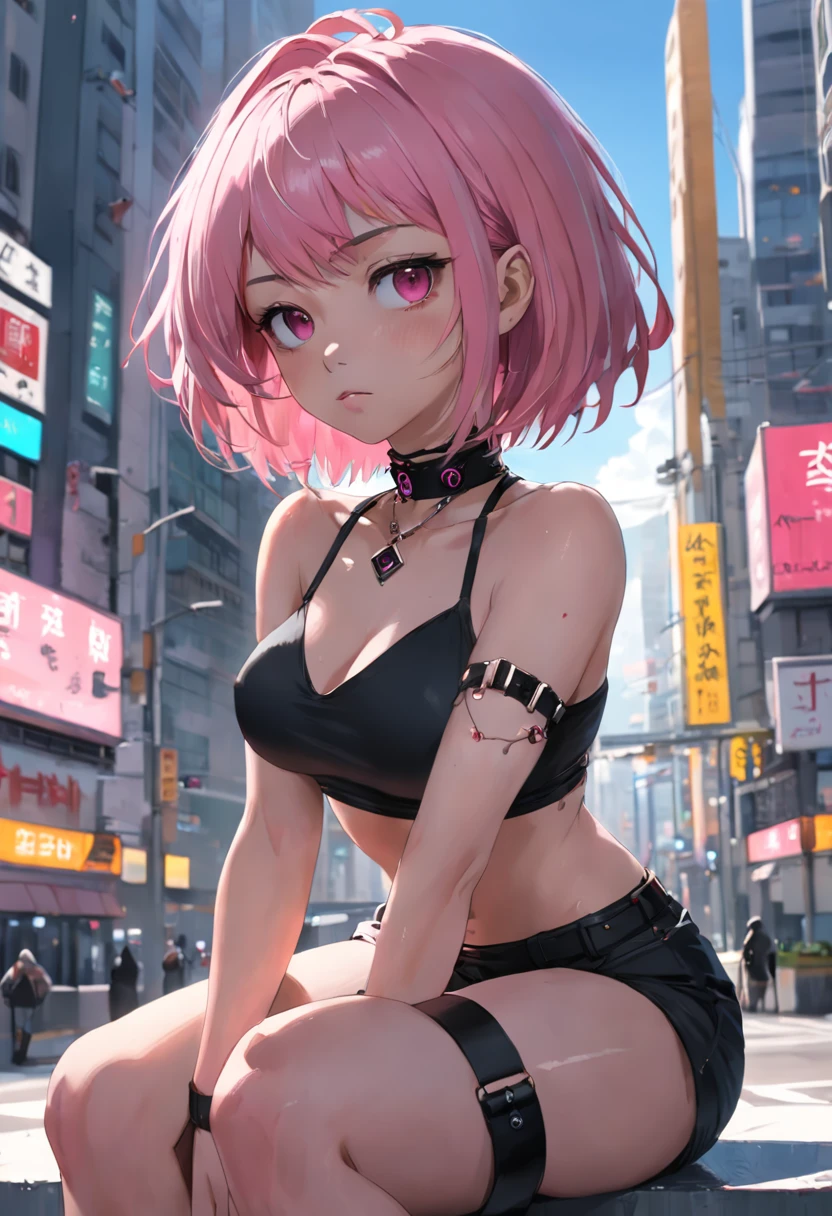 A woman with pink hair and a black shirt sits on a city street，Traffic light in background, Art germ, Anime art, Cyberpunk art of a, Photorealism, 1girll, bangs, Bare_bshoulders, black_choker necklace, Breasts, bridge, brown_Eyes, Building, choker necklace, City, Cityscape, crop_Top, jewelry, Looking_at_peeping at the viewer, Makeup, midriff, navel, necklace, Pink_Hair, short_Hair, side-tie_Panties, Sitting, Skirt, skyscraper, Solo, tanks_Top