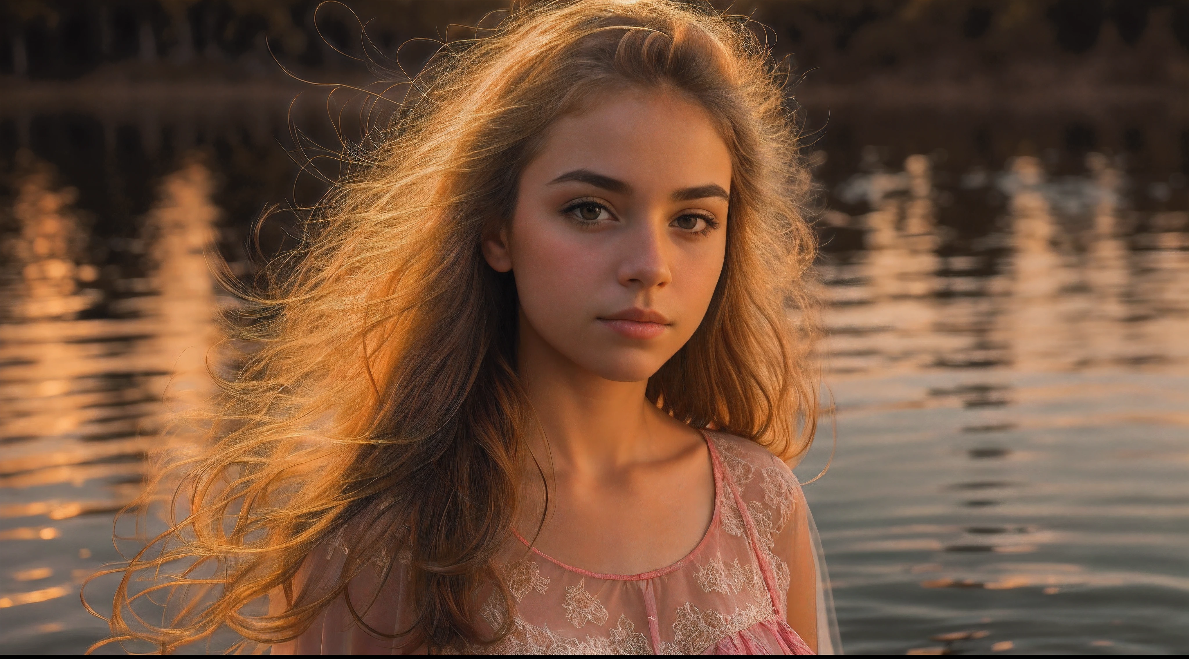 Retrato de uma ruiva de 14 anos, Vestido em 'a nightie de renda transparente , imerso em um lago, sedution, sunset light, cinematic rendering, 32k