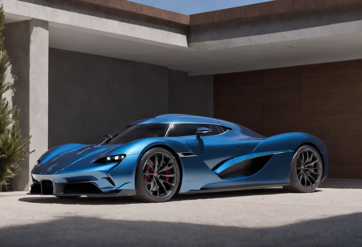 An intricate image of a blue futuristic Volkswagen HyperCar based on ferraris design is parked by the garage, in the style of clean and streamlined, staining, i can't believe how beautiful this is, smooth and polished, gray, rounded, expansive --ar 3:2 --style raw , micro-details, photorealism, one light, dark photo, deep shadows, shallow depth of field, photorealistic, Surrealism, high quality, masterpiece, 8k, 8k, super detail,