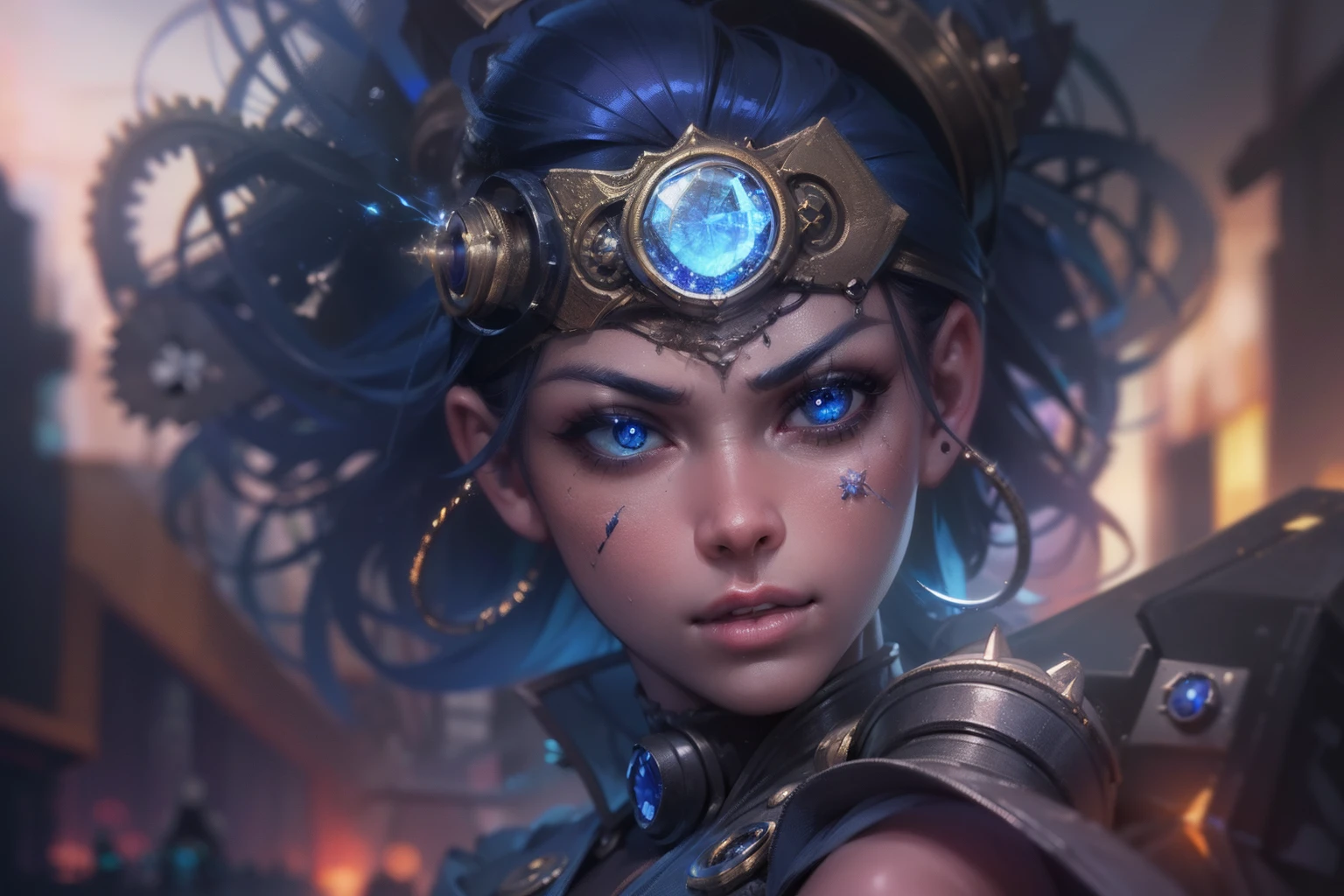 (photo painting:1.1), (hyperreal:1.3). focus ring, (1 girl is punch the front with sapphire big ring with luminous ring :1.6), steampunk and operating system program style, cool and cute face, reflective steampunk bodysuit, (holding a heat daggers:1.1), starburst effect, slit eyes with sharp looking, glowing smoke green eyes, small nose, evil smile, from side, clockpunk detailed city background, blue hour, covered in swirls flame, enjoying battle atmosphere, 16k, (radiosity and physically based rendering:1.4), extremely detailed detail, epic intricate detailed texture, make a sense of reality, epic highly quality, concept digital art, no extra finger,
