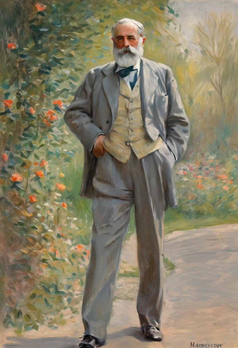 author：Claude Monet, author：Claude Monet, Claude Monet), Monet paintings, Monet style, author：Monet, Impressionist art, Monet style, Monet painted, author：Blanche Hoscheid Monet, Impressionist style, Charles S...., impressionist drawing, French Impressionism, Claude Monet style, impressionist drawing, Impressionistic style, impressionist drawing，Allad man in suit stands with his arms crossed, grey suit, distant full body view, 3 / 4 Look from behind, standing elegant pose, high quality suit, doing an elegant pose over you, centered full body rear-shot, subject detail: wear suit, full height view, Business suit, Man standing, highly professionally detailed