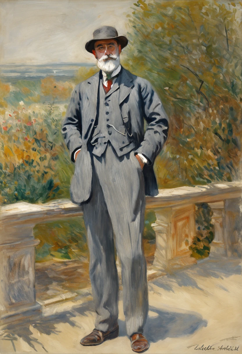 author:Claude Monet, author:Claude Monet, Claude Monet), Monet paintings, Monet style, author:Monet, Impressionist art, Monet style, Painted by Monet, author:Blanche Hoscheid Monet, Impressionist style, Charles S..., impressionist drawing, French Impressionism, Claude Monet style, impressionist drawing, Impressionistic style, impressionist drawing,Allad man in suit stands with his arms crossed, grey suit, distant full body view, 3 / 4 Look from behind, standing elegant pose, high quality suit, doing an elegant pose over you, centered full body rear-shot, subject detail: wear suit, full height view, Business suit, Man standing, highly professionally detailed