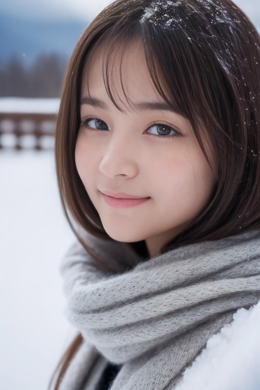((Show face only、Close-up of face))、(realisitic、Photorealsitic、ultra-detailliert、Highest Details Skins、top-quality、​masterpiece、超A high resolution)、Cute Japan Woman、sixteen years old、hi-school girl、younggirl、Thin makeup、1 girl in、I have bangs、二重まぶた、drooing eyes、ssmile、View here、Realistic skin type、Thick muffler、fluffy hair、snow mountains、Winters、Hair swells with a scarf