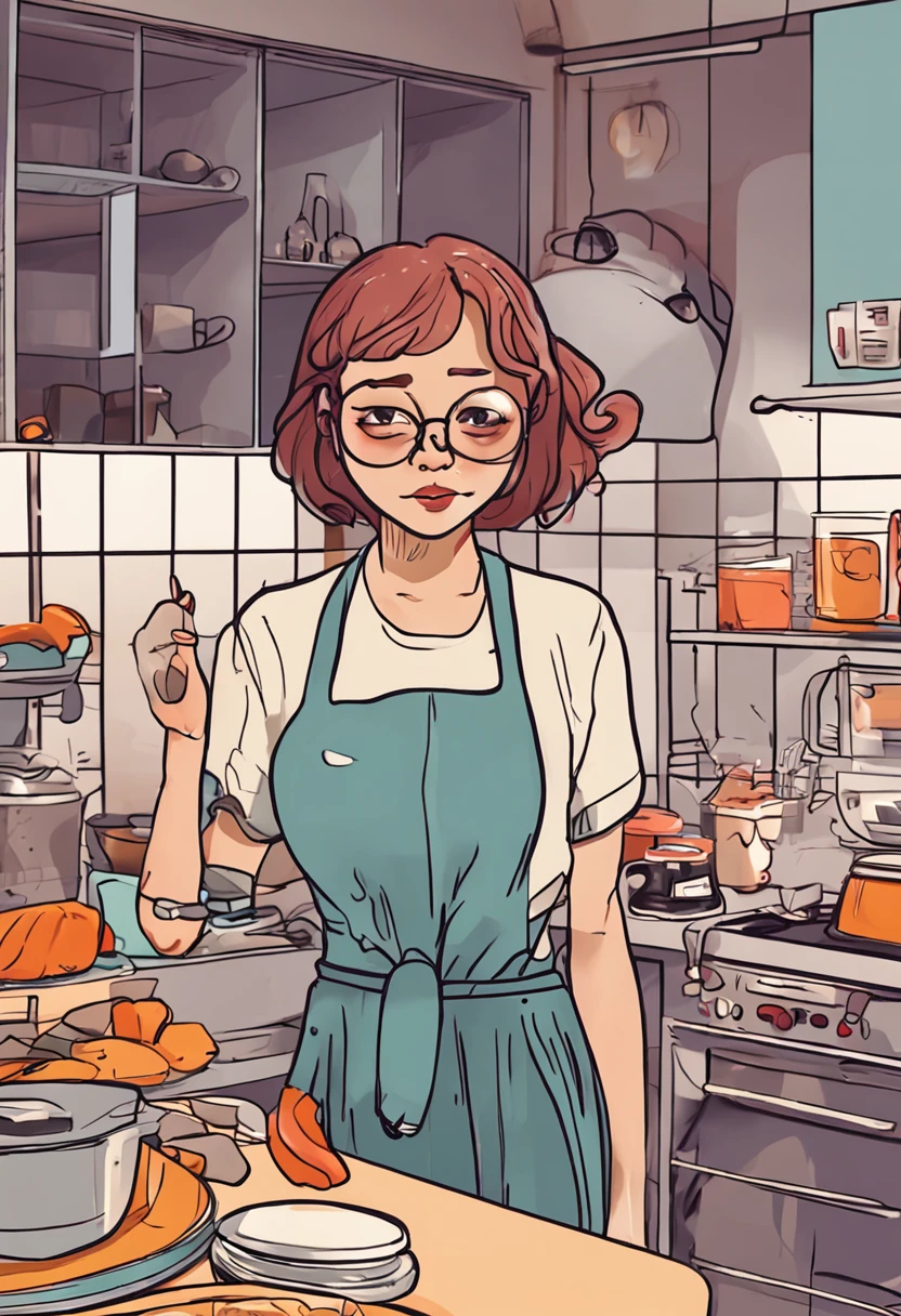 Girl with glasses in the kitchen, slightly fat big breasts, face round, Short hair, Surrounded by food, lofi-girl, Cartoony, Cute drawing style
