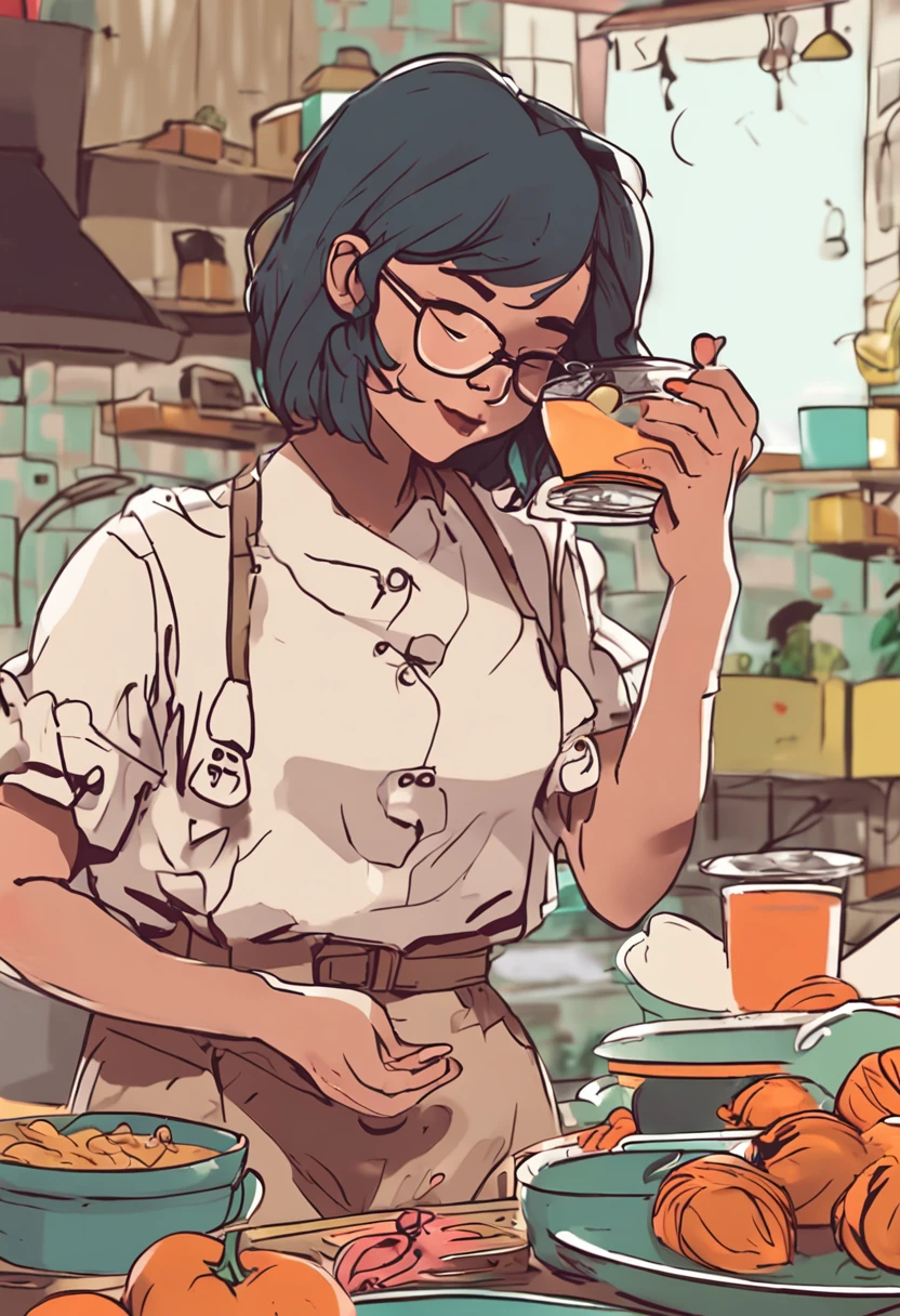 Girl with glasses in the kitchen， slightly fat big breasts， face round， Short hair， Surrounded by food， lofi-girl, Cartoony， Cute drawing style