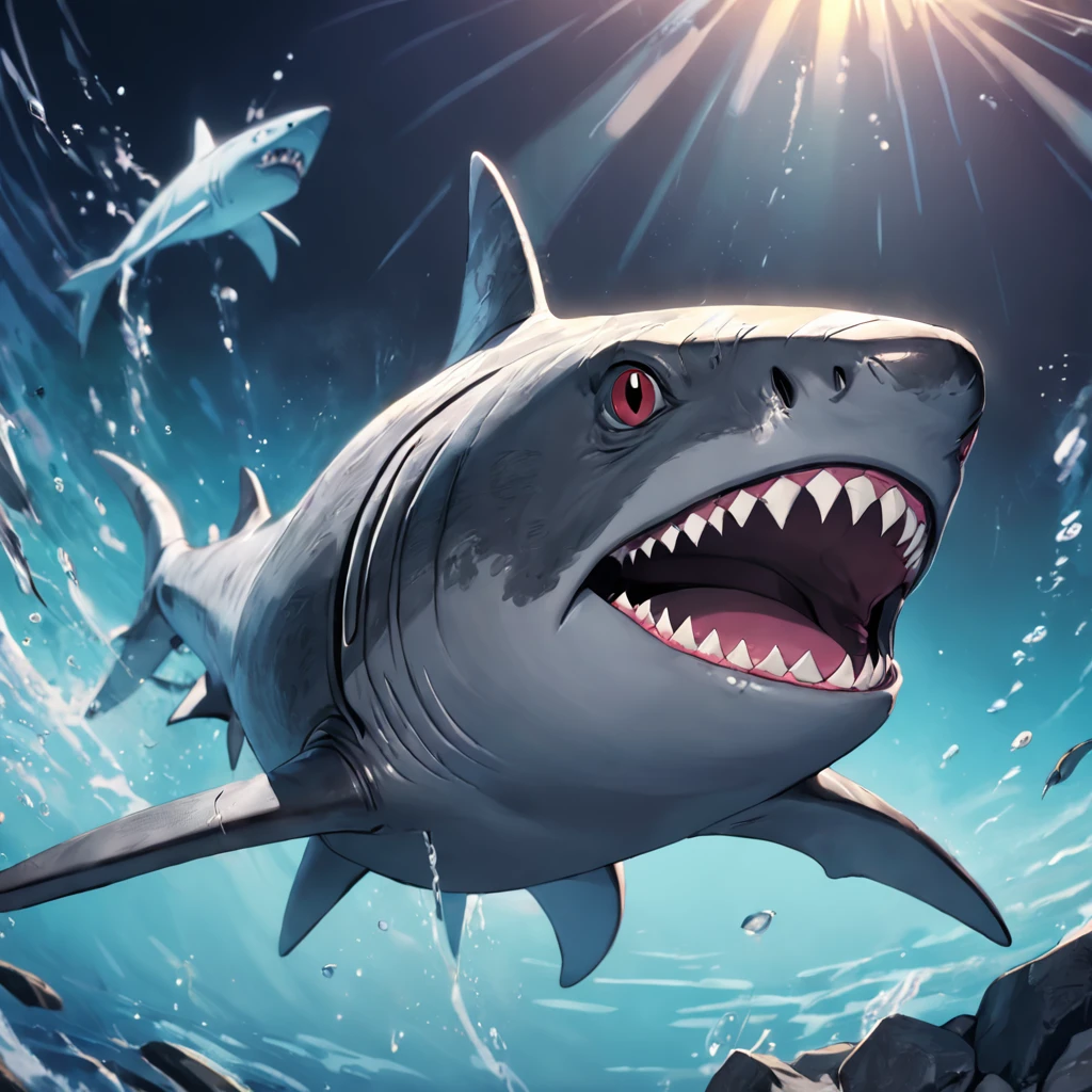 Teenage Mutant Ninja Shark, large head fins, colors are silver dark grey and dark grey, fierce and dangerous, best quality, masterpiece