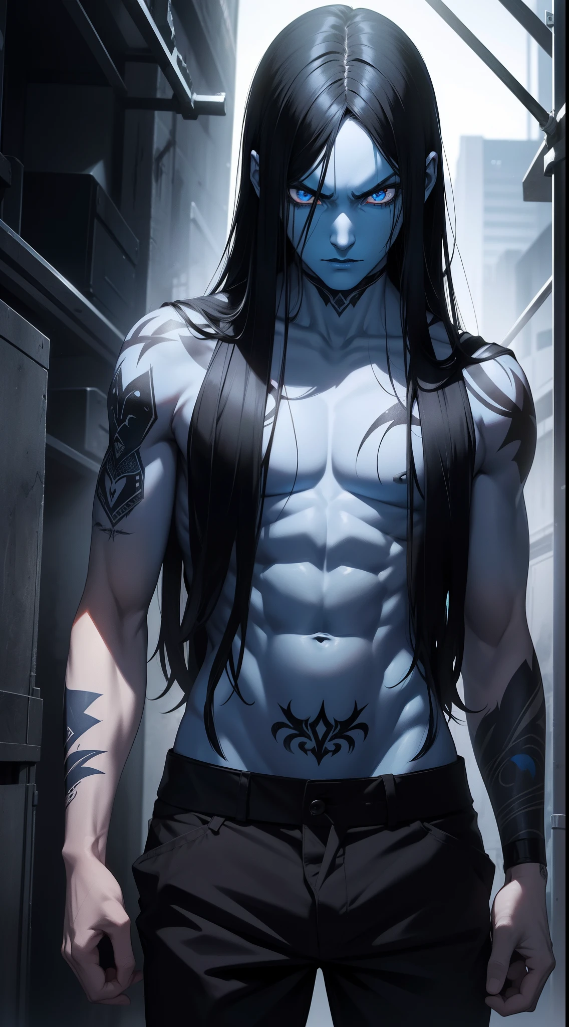 adult man, Long black hair, eyes without pupils, blue skin, Thin, open torso, Tatoo, Demon Pants, spear, emotionless look, blue lipstick, Masterpiece, hiquality