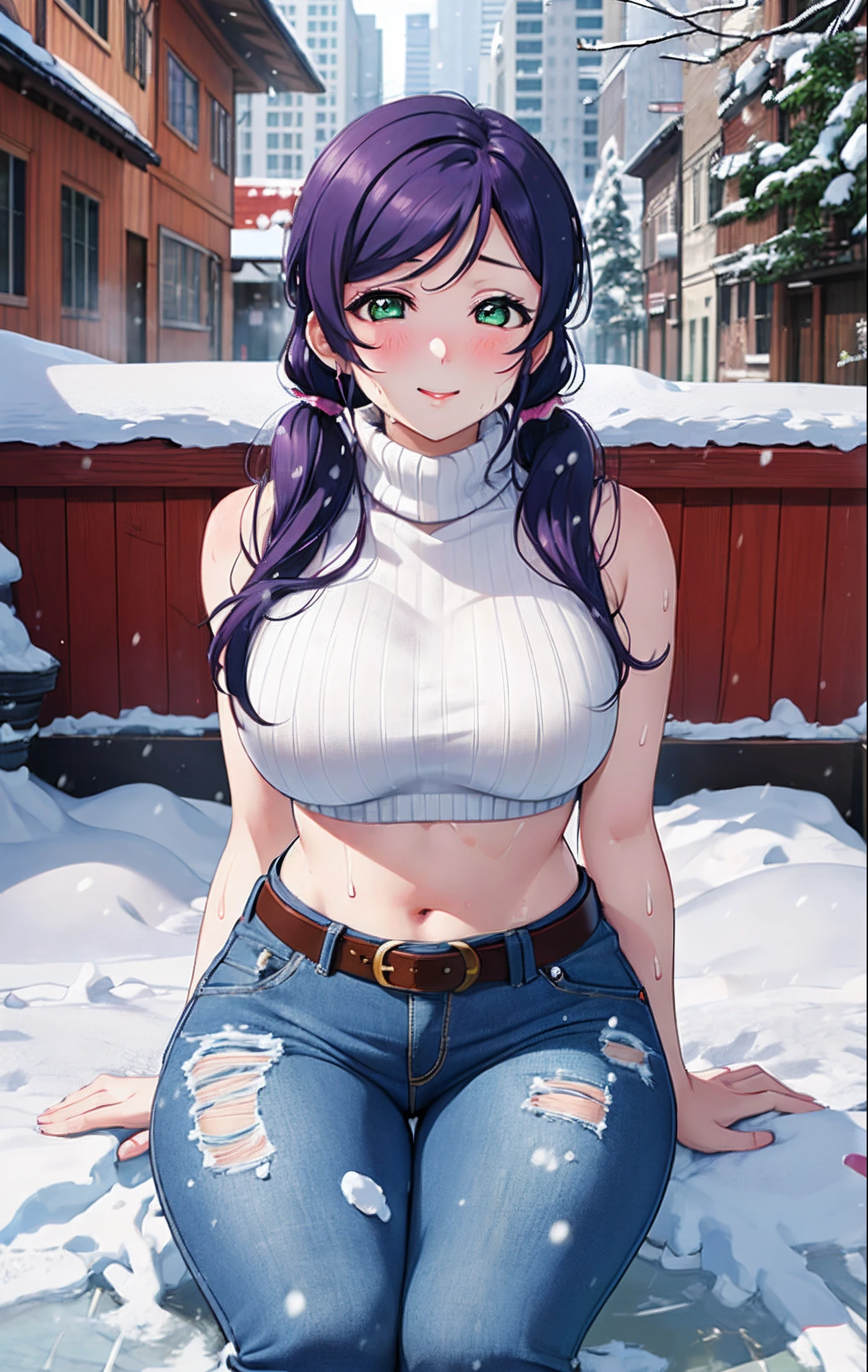 Toujo nozomi, green eyes, low twintails, sweater, sleeveless,midriff,(sexy navel),red moist navel,denim pants,belt, hips, llchar,big breasts, outdoors, arms behind,snow, (blushing:1.3), sitting,spread legs,thicc abdomen, (body soaked in snow:1.3),(lips:0.7)