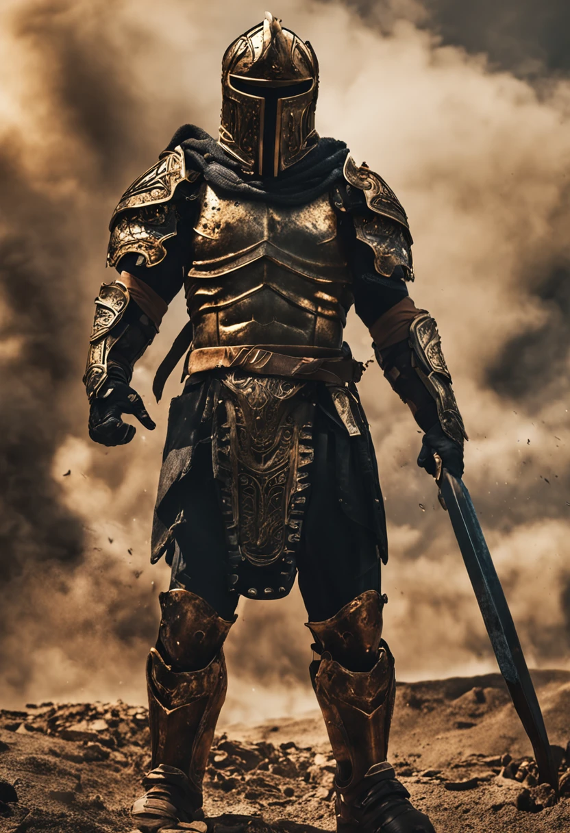 spartan warrior, fighting , stunning armor, black gold armor, epic, 8k