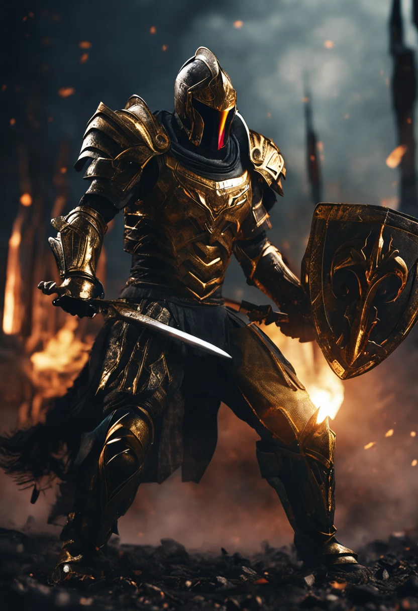 spartan warrior, fighting , stunning armor, black gold armor, epic, 8k