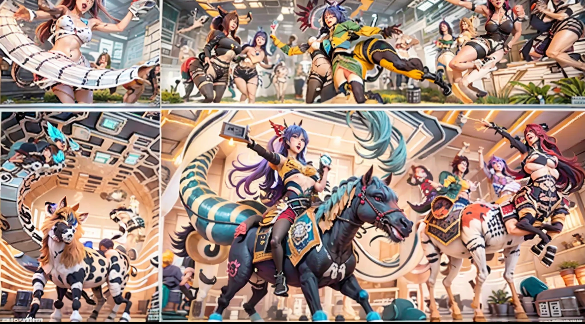 In the beautiful illustration of this super-grand scene,The ultra-long-range lens is shown(Eight unique centaur characters:9.9),They all have their own characteristics,Vivid and interesting。Radiant angelic centaurs from the heavenly realm,To the hellish centaurs surrounded by nightmarish flames,And then to the Wind Immortal Centaur dancing in the air,There are also one-horned centaurs surrounded by thunder and lightning,and mechanical centaurs that shine with metallic light,And then to the powerful dragon centaur with colored dragon scales covering the whole body,The elegant and agile elf centaur always wears a flower crown with its slender and graceful lines,Enchanting and charming Tiflin centaurs。Each character has their own unique charms and abilities。The illustration uses advanced artistic techniques and tools,(Divide the scene into sections by geometric arrangement:9.9),Each section corresponds to a centaur character,This makes more efficient use of space。Through Midjourney's advanced brush tools、Color palette、Material packs and model packs,Exquisite costumes and equipment are designed for each centaur,Enhances the character's personality and visual appeal。The scenery in the illustrations is stunning,There are changing skies、rainbowing、extreme light、Stars and Moon。Incorporating iconic landmarks such as Mount Everest,and fireworks、tranquil lake、Natural and urban elements of waves and neon lights,Creates a magical atmosphere。The centaurs showed off their skills and equipment in a variety of environments,This is true even in extreme alien landscapes。(Use Midjourney's tools、Material packs、Texture tools、The color palette makes depicting details vivid and realistic:9.9),From intricate hairstyles and clothing to authentic textures,Enhances the realism of the characters and surroundings。The fusion of multiple art styles adds movement to the centaur's movement at all angles,The overall visual experience is further enriched。The final illustration was described as a "mast