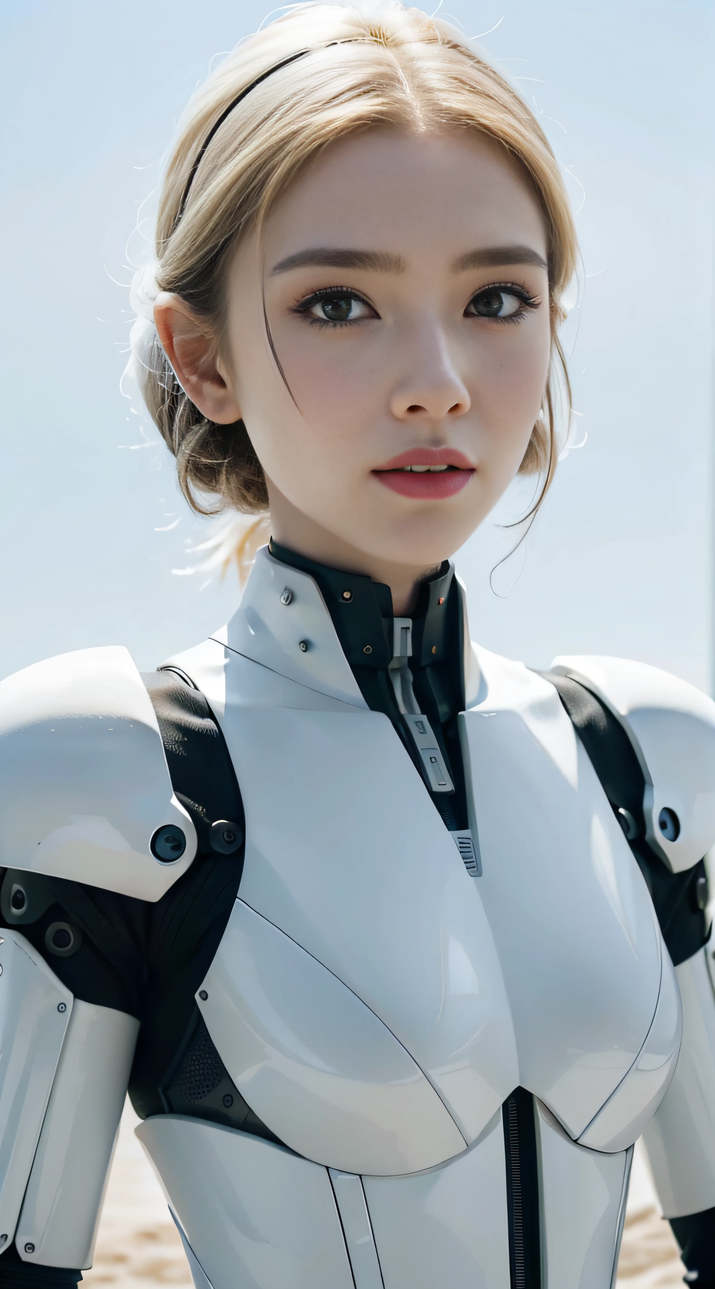 Mechanical girl,Dressed by(White beige old plastic)Made complex creatures,Light-emitting machinery,cyborg people,armour,full bodyesbian,simplebackground,best qualtiy,Highest high resolution,Works of masters,s the perfect face,exquisite facial features,extremely detaile,Full-HD,the golden ratio,8K