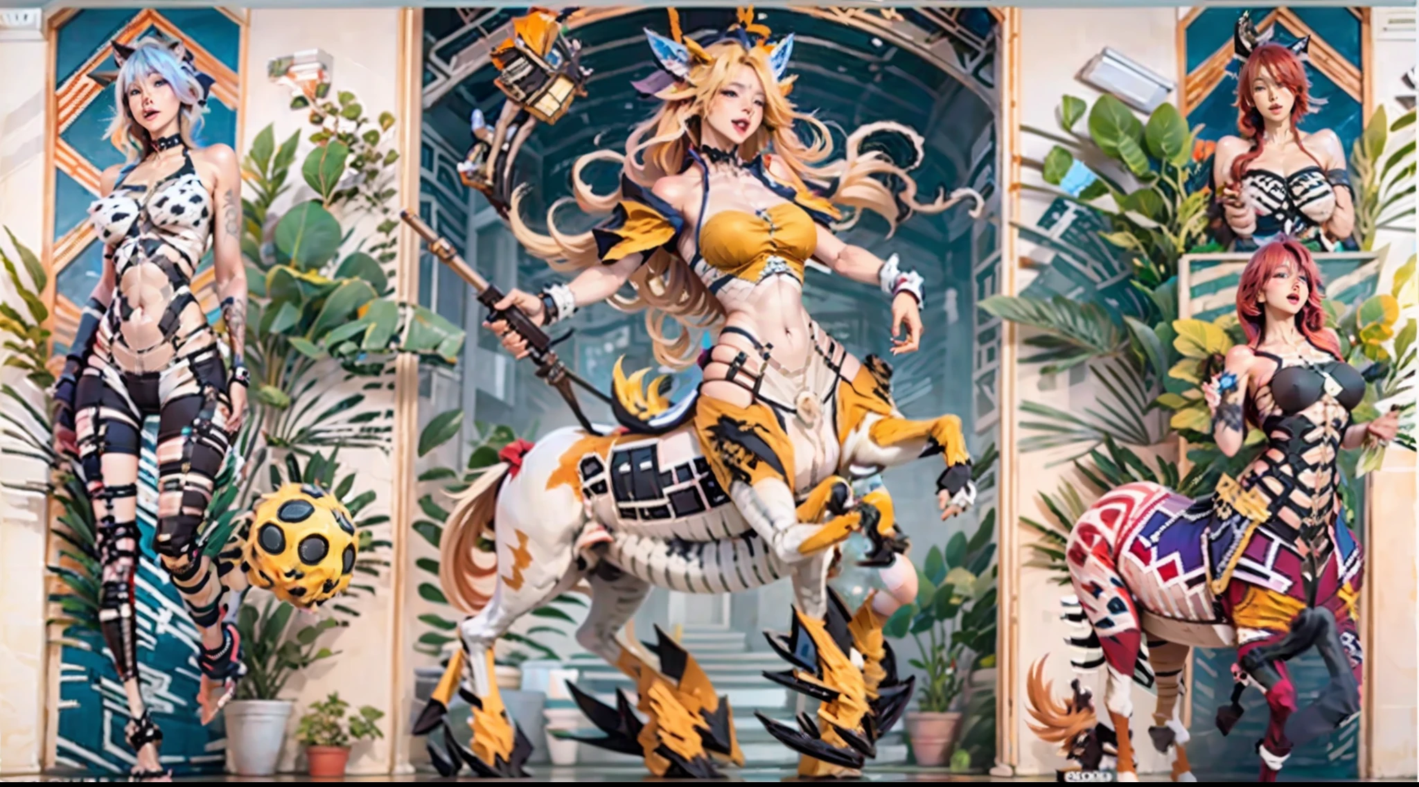 In the beautiful illustration of this super-grand scene,The ultra-long-range lens is shown(Over eight unique centaur characters:9.9),They all have their own characteristics,Vivid and interesting。Radiant angelic centaurs from the heavenly realm,To the hellish centaurs surrounded by nightmarish flames,And then to the Wind Fairy Centaur dancing in the air,There are also one-horned centaurs surrounded by thunder and lightning,and mechanical centaurs that shine with metallic light,And then to the powerful dragon centaur with colored dragon scales covering the whole body,The elegant and agile elf centaur always wears a flower crown with its slender graceful lines,Enchanting and charming Tiflin centaurs。Each character has their own unique charms and abilities。The illustration uses advanced artistic techniques and tools,(Divide the scene into sections by geometric arrangement:9.9),Each section corresponds to a centaur character,This makes more efficient use of space。Through Midjourney's advanced brush tools、Color palette、Material packs and model packs,For each centaur, beautiful props are designed to increase racial characteristics、Clothing and physical features,Enhances the character's personality and visual appeal。The scenery in the illustrations is stunning,There are changing skies、rainbowing、extreme light、Stars and Moon。Incorporating iconic landmarks such as Mount Everest,and fireworks、tranquil lake、Natural and urban elements of waves and neon lights,Creates a magical atmosphere。The centaurs display their unique abilities and equipment in a variety of environments,This is true even in extreme alien landscapes。(Use Midjourney's tools、Material packs、Texture tools、The color palette makes depicting details vivid and realistic:9.9),From complex hairstyles and as well as different racial traits、Body、Appearance features、Clothing to real textures,This greatly enhances the realism of the characters and surroundings。The fusion of multiple art styles adds movement to the centaur's
