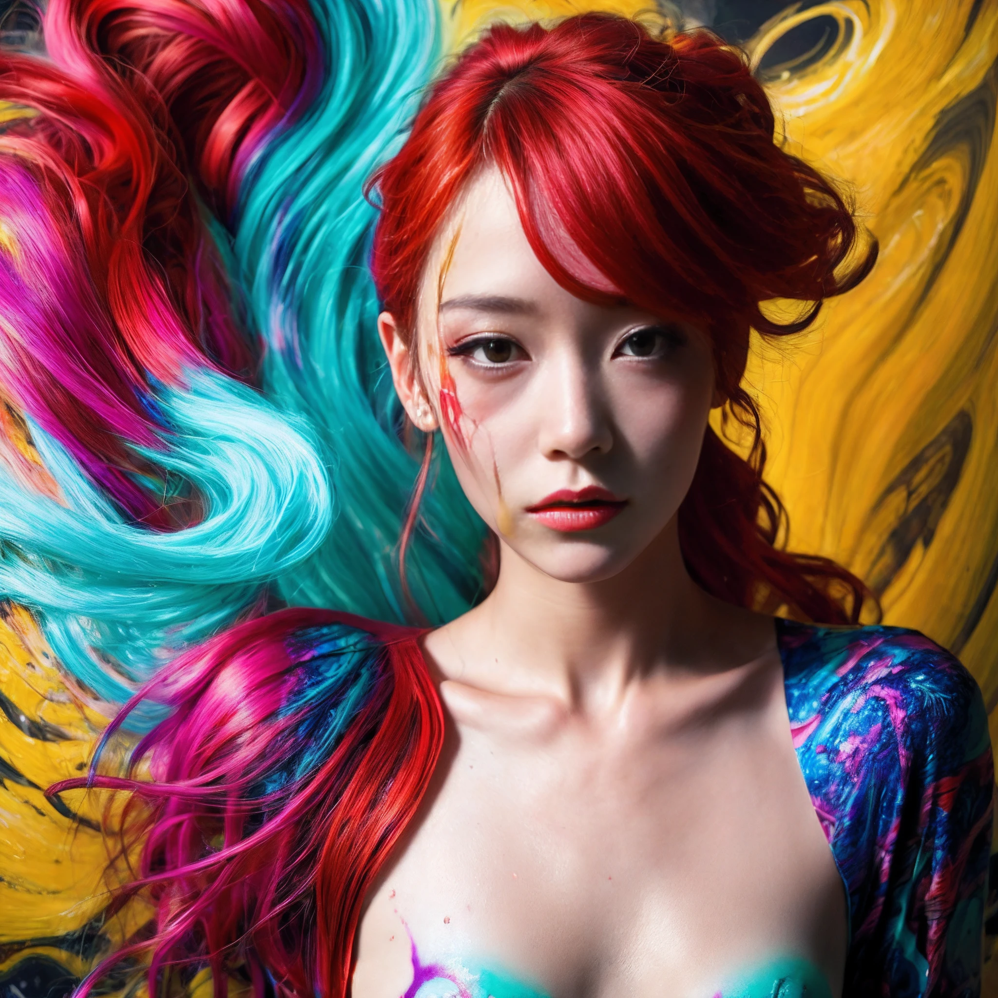 32K(tmasterpiece,K HD,hyper HD,32K) japanes(Stupid girl), Avant-garde、psychedelic、 (Abstract ink splash:1.2), tiny waterfall(realisticlying:1.4),Rouge Hair, hight resolution, detaileds, RAW photogr, Sharp Re, 「Nikon D850 Film」Jeff Fries Lee 4 Kodak Portra 400 Camera Stock Photo (Edit Now).6 shots, Rich colors, Ultra-realistic vivid textures, Dramatic Lighting, Unreal Engine Art Station Trends, Synestil 800,Big curls,Flowing Rouge、small tits、Slimed、A slender、Model body type、Abstract、artistic、The background is Van Gogh-like、Body Paint、The body is also a campus、Designed for the whole body