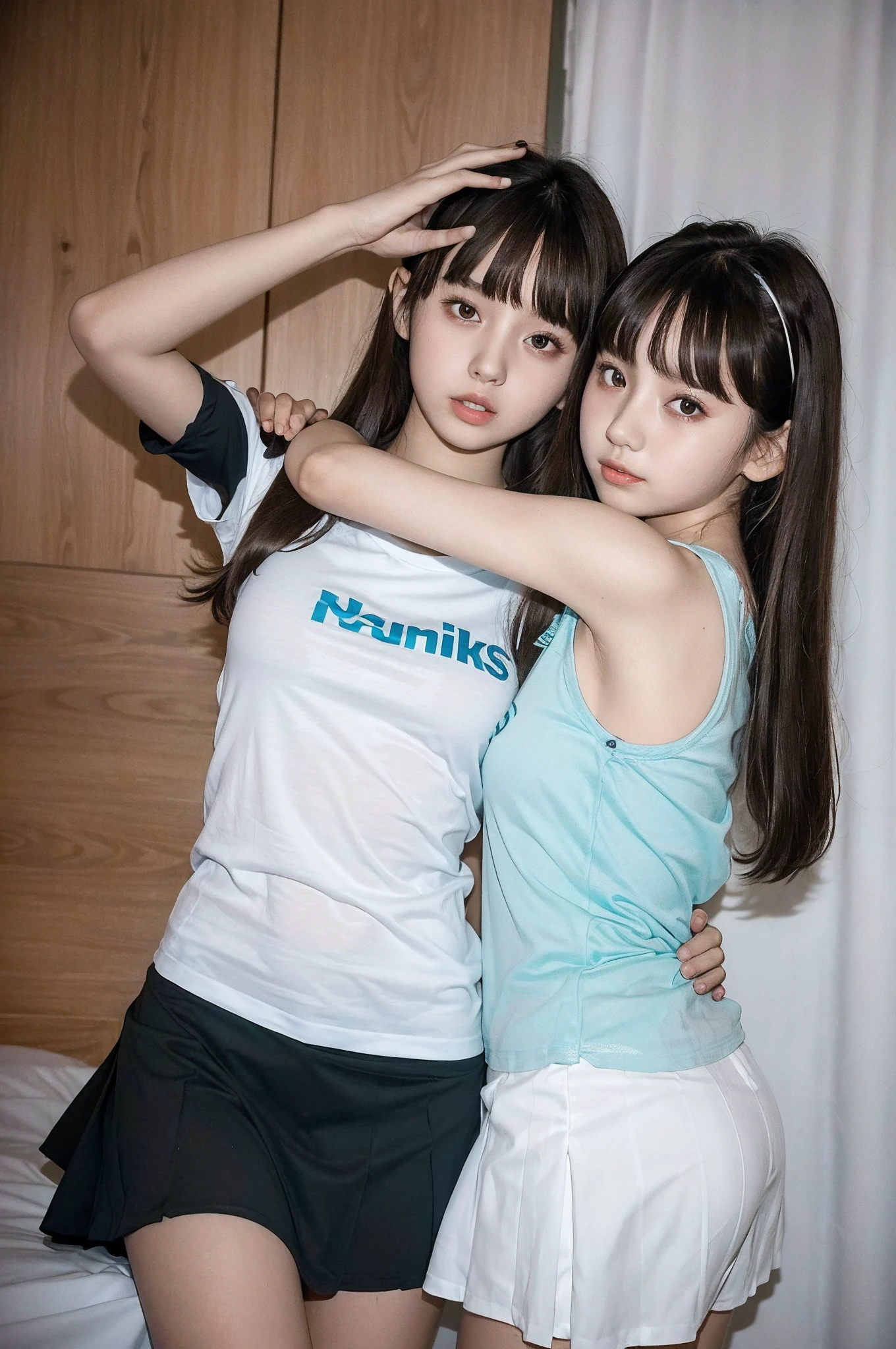 maior,((two girls,duo,stroking)), Big Big Tits, slim figure, femele, Blue Sleeveless T-Shirt, White chiffon skirt, Bedroom, bangss, a junior high school student, stright long hair, maior,realskin, Sleep habits