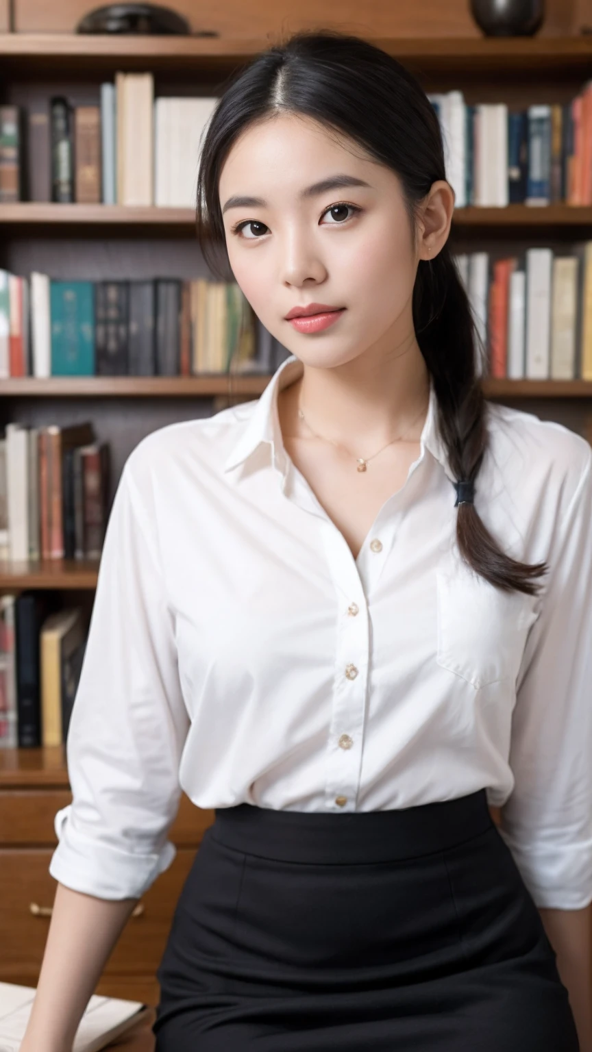 (RAW photogr:1.2),The highest quality, 超高分辨率, A 30-year-old woman in the study:She has an intellectual and elegant temperament,With a low ponytail,Wear a white shirt and a black pencil skirt,Wear a pair of high heels on your feet。She sat at her desk,A pen in his hand,Concentrate on writing,The study was piled with books and some decorations。。,Create a tranquil learning atmosphere。