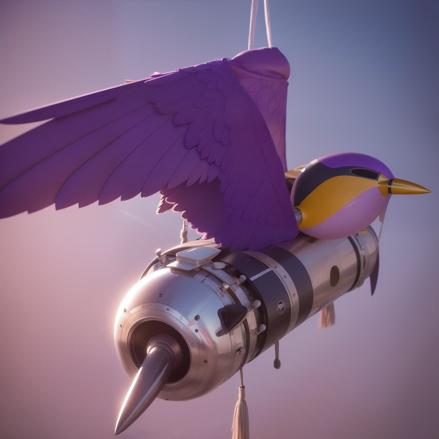 Flying penis, wings, jet motors, long shaft with portholes, purple head, long hanging balls in a sack with hair, pubic hair