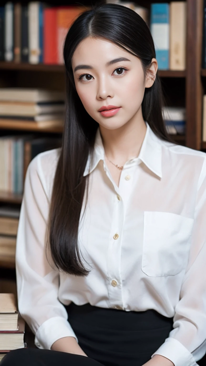 (RAW photogr:1.2),The highest quality, 超高分辨率, A 30-year-old woman in the study：She has an intellectual and elegant temperament，With a low ponytail，Wear a white shirt and a black pencil skirt，Wear a pair of high heels on your feet。She sat at her desk，A pen in his hand，Concentrate on writing，The study was piled with books and some decorations。。，Create a tranquil learning atmosphere。