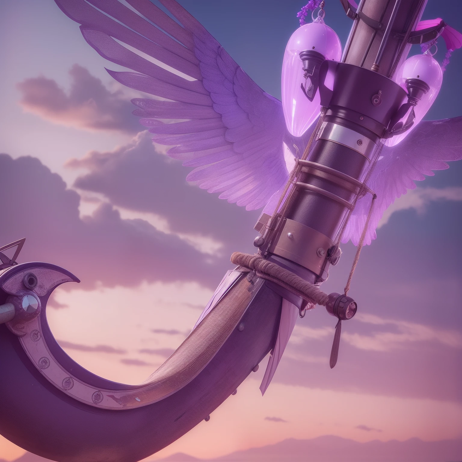 Flying penis, wings, jet motors, long shaft with portholes, purple head, long hanging balls in a sack with hair, pubic hair